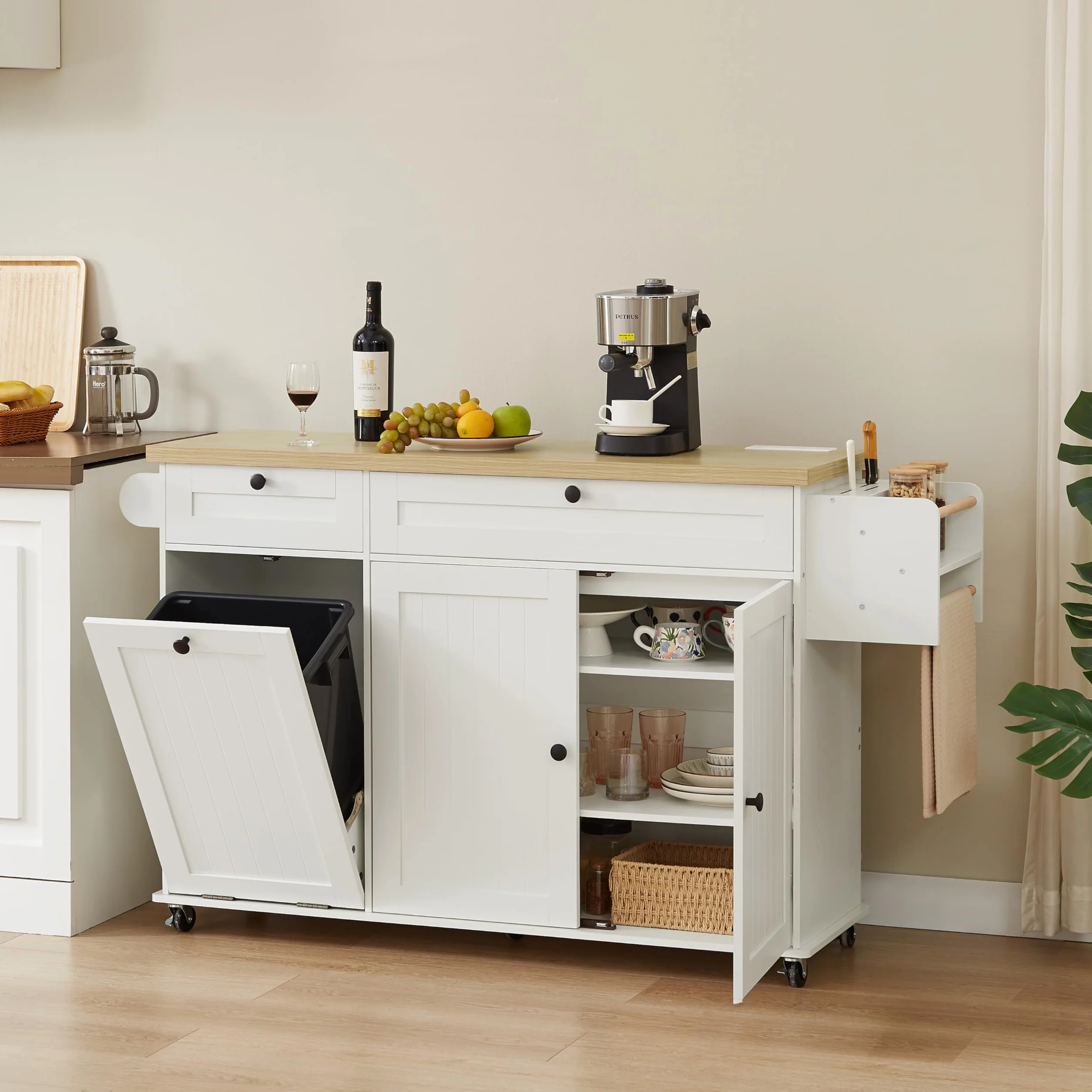 Wyspa kuchenna 152 cm z gniazdem zasilania i opuszczanym liściem, wyspa kuchenna ze stojakiem na przyprawy i wieszakiem na ręczniki, uchwyt na noże, wózek na wyspę kuchenną z szafką do przechowywania