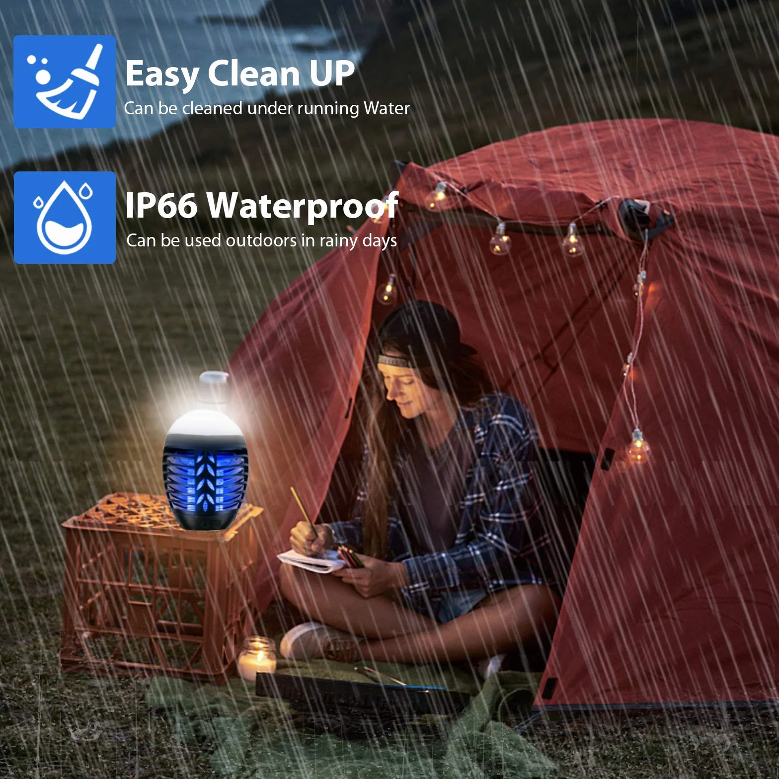 Lampa owadobójcza na kemping, do użytku na zewnątrz, lampa LED na komary, USB, 2 w 1, elektryczna, ładowana, z 3 trybami oświetlenia, ochrona przed komarami, lampa do użytku na zewnątrz