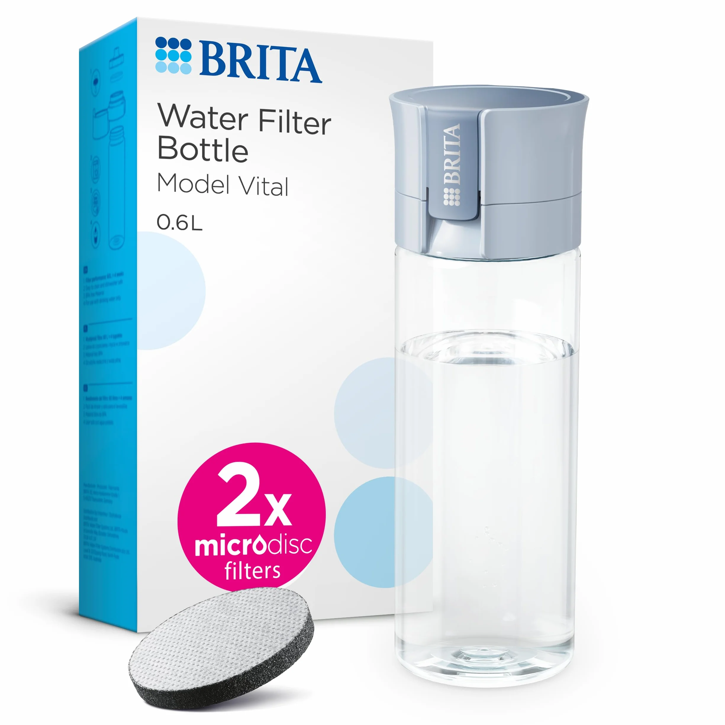 BRITA Butelka z filtrem do wody Model Vital jasnoniebieska (600 ml) wraz z 2 filtrami MicroDisc – praktyczna butelka na napoje z filtrem do wody w podróży, filtruje chlor i bakterie podczas
