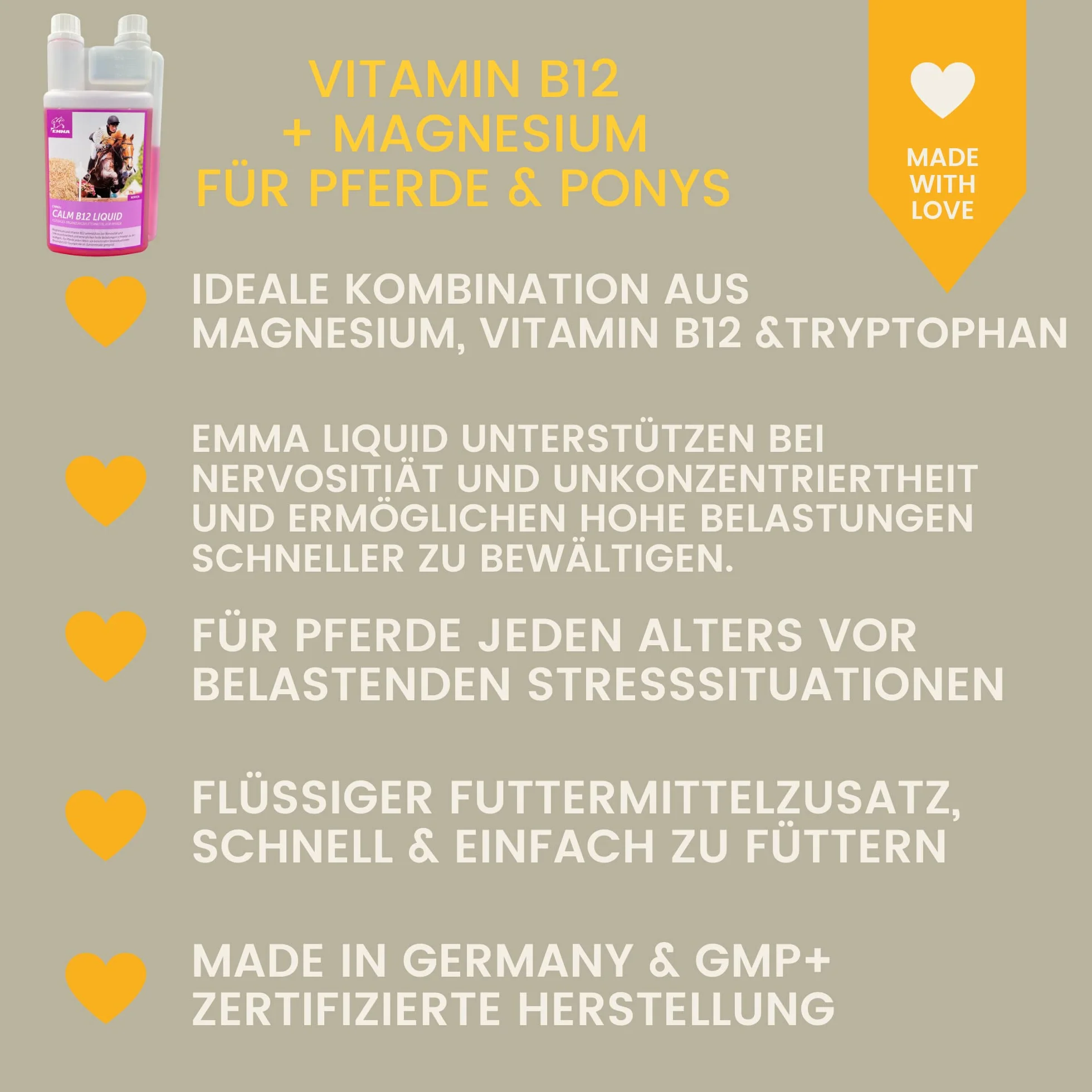 EMMA Magnezowy płyn do konia, 1 l z tryptofanem, witaminą B12, karma uzupełniająca dla koni, nerwy i równowaga, Calm & Relax, kompleks magnezu wspomagający transport stresu i na co dzień