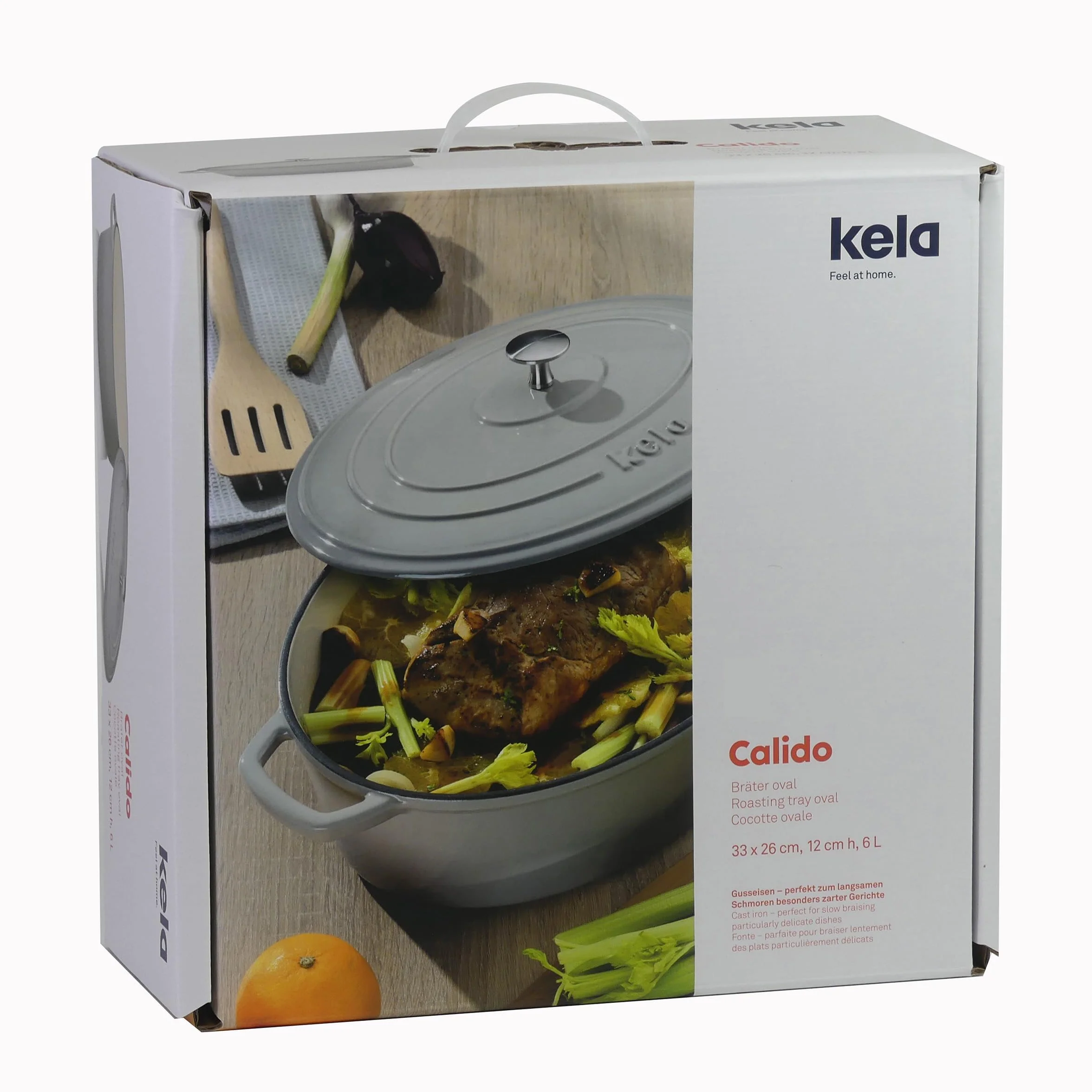 kela Garnek żeliwny owalny 6 litrów, Dutch Oven CALIDO, indukcyjna brytfanna żeliwna z pokrywką, żeliwny garnek do pieczenia chleba, emaliowana, jasnoszara, szara