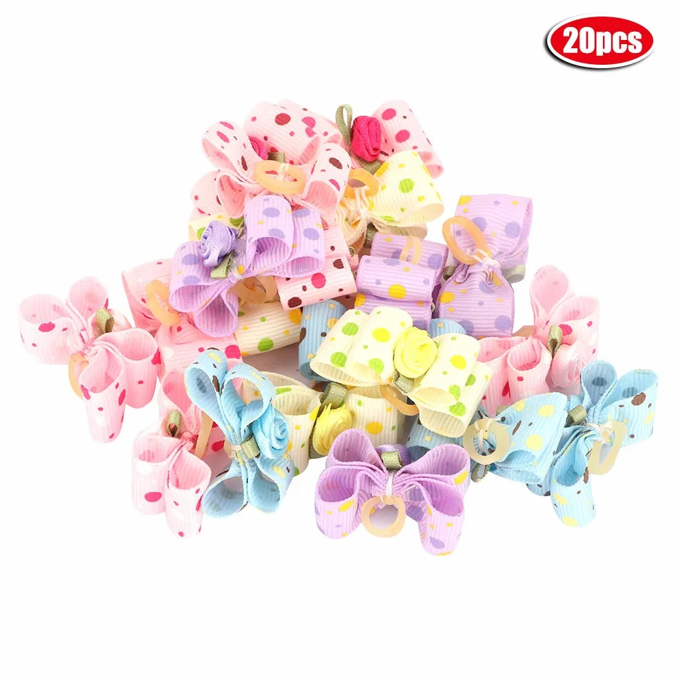 aqxreight 20 szt. Sierść Psa Bowknot z gumką Pet Puppy Teddy Pielęgnacja Włosów Akcesoria Losowy Kolor Boże Narodzenie i Moda Dog BowknotDog Hair Bowknot Akcesoria do Sierści Zwierząt Pielęgnacja
