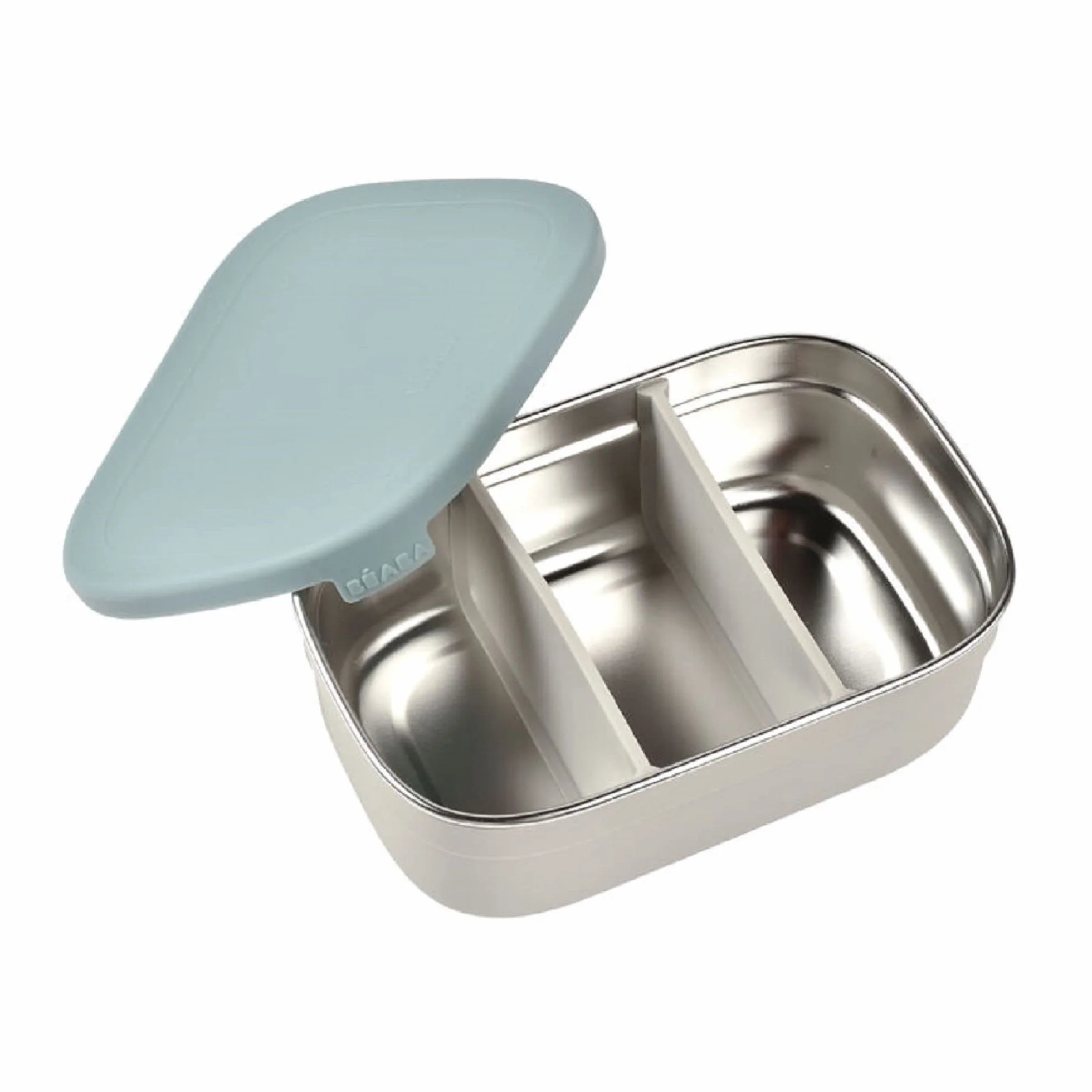 BÉABA, Pudełko śniadaniowe dla dzieci, pudełko na lunch/lunch, pudełko ze stali nierdzewnej, Bento, przegrody, pokrowiec silikonowy, 760 ml, aksamitny szary/bałtycki niebieski