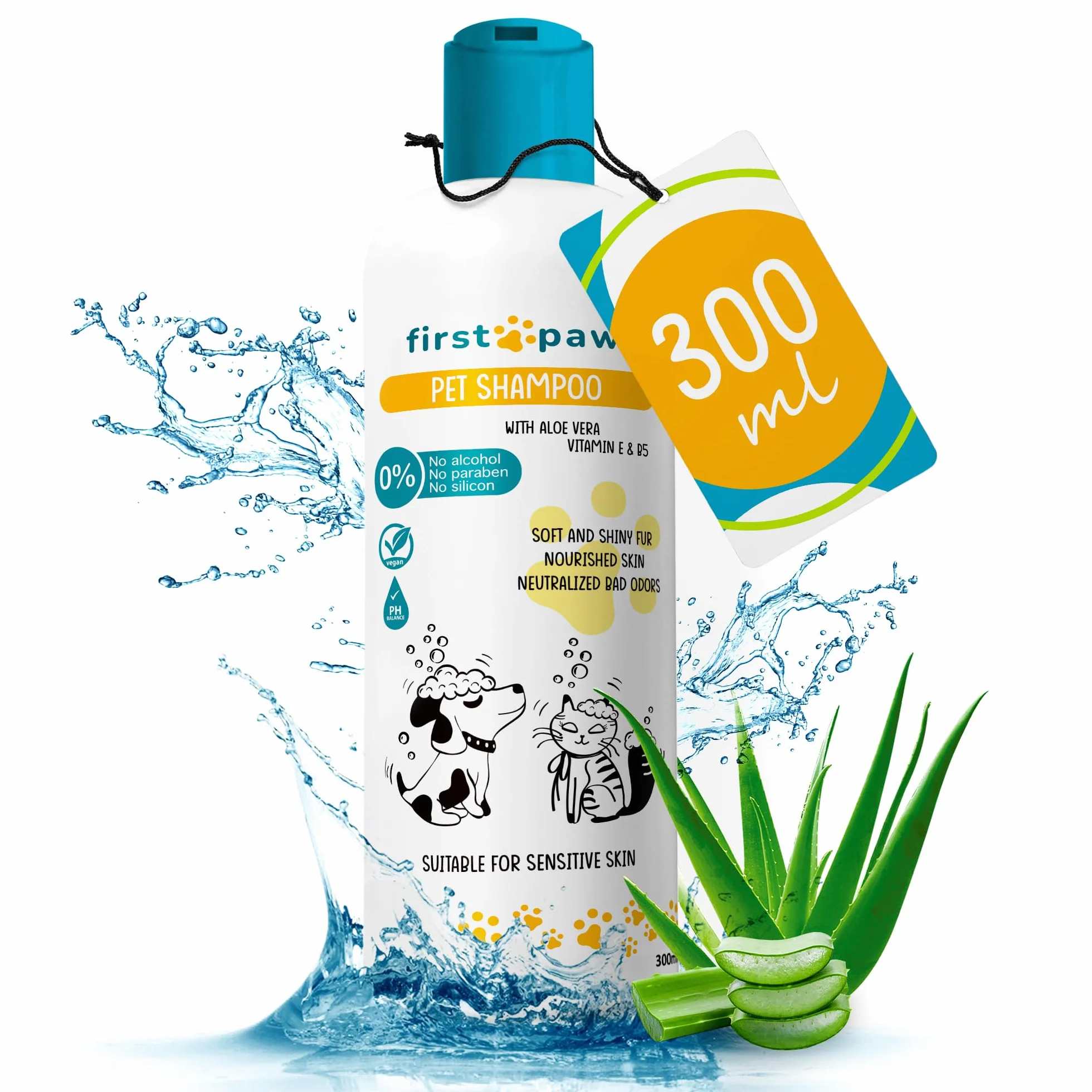 300 ml szampon dla psów, szczeniąt i kotów, aloes, skóra wrażliwa, dla psów i kotów z krótkowłosymi włosami, nawilża, dezodoryzuje i sprawia, że włosy są miękkie i lśniące
