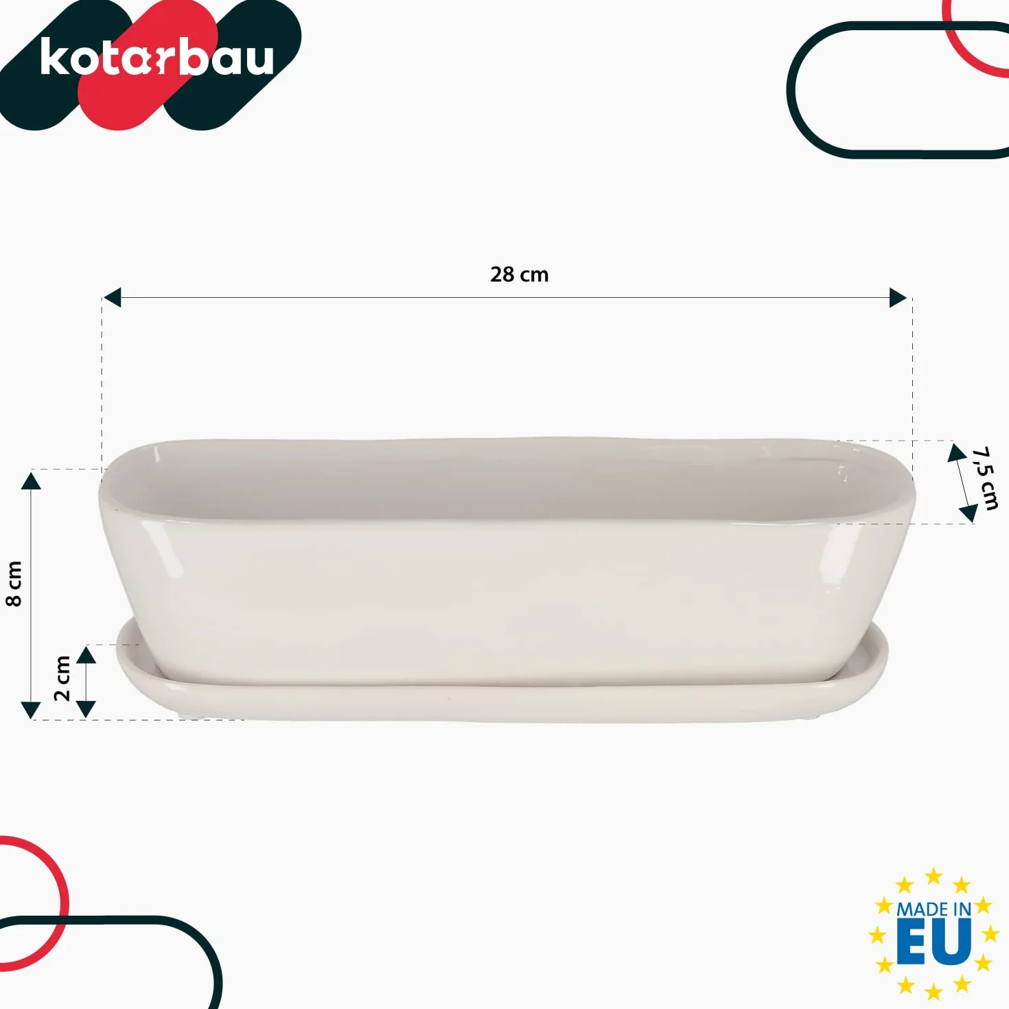KOTARBAU® Doniczka Podłużna Rynnowa Ceramiczna Z Podstawką Biała 28 CM