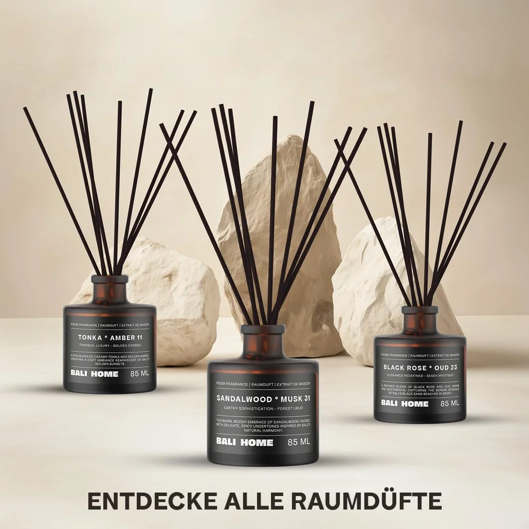 Bali Home Sandalwood Musk – luksusowy zapach do pomieszczeń z drzewem sandałowym i korzennymi aromatami – aromatyczny dyfuzor z pałeczkami zapachowymi – uspokajający zapach do stylowych pomieszczeń