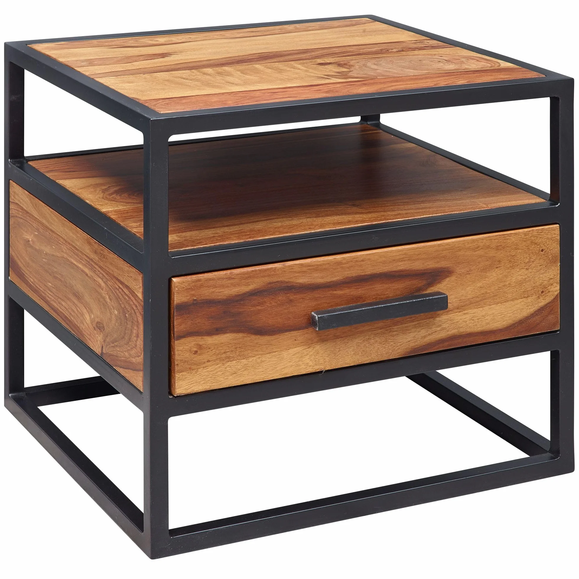 FineBuy Szafka Nocna 50x45x45 cm Lite Drewno Sheesham z Szufladą, Stal | konsola nocna industrialna ze stalowym stelażem i półką do łóżka kontynentalnego, szafka nocna ręcznie wykonana