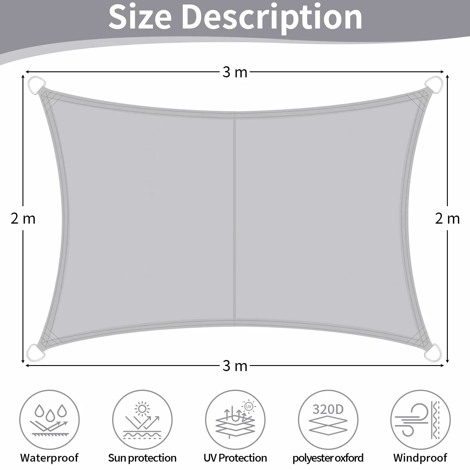Żagiel przeciwsłoneczny, zacieniający, kwadratowy, 2 x 3 m, wodoodporny i wytrzymały materiał, ochrona UV do 95%, do ogrodu, na taras, patio, basen, z liną, szary