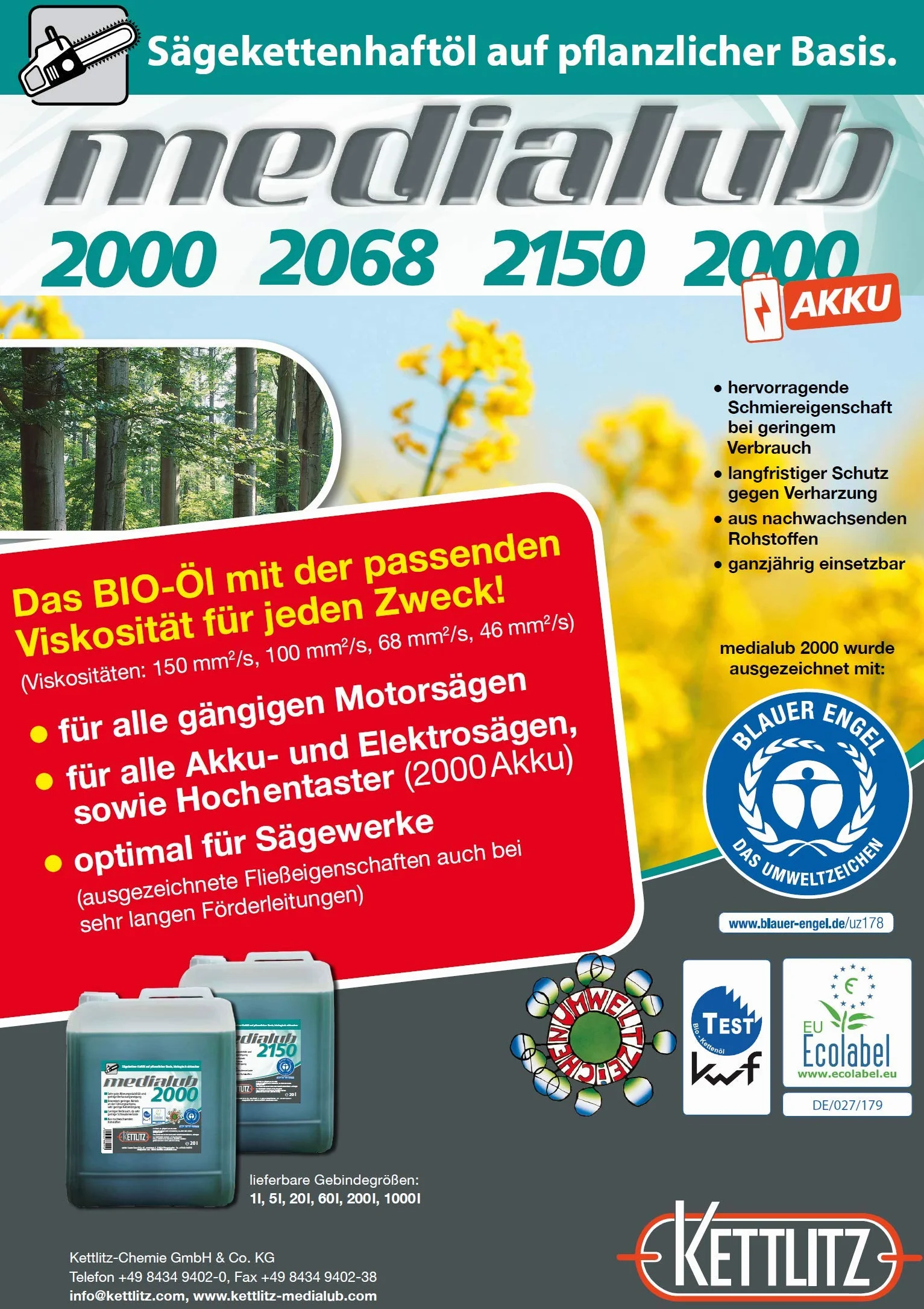 Medialub 2000 akumulator/elektryczna piła łańcuchowa, olej do łańcucha, 1 l / 1 litr
