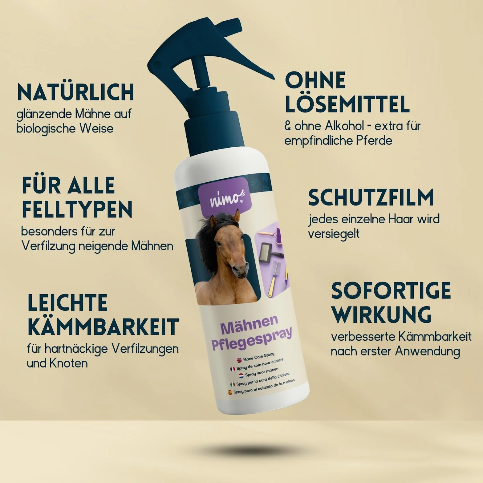 nimo® Spray do pielęgnacji grzyw | dla koni i kucyków | spray do ogona i grzywy | łatwiejsze rozczesywanie, rozplątywanie, pielęgnacja grzywy, pielęgnacja ogona, nadaje połysk