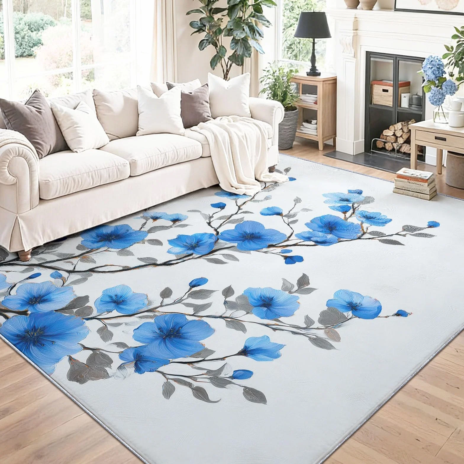 Tradycyjny dywan do salonu, 80 x 150 cm, można prać w pralce, antypoślizgowy, niebieskie gałęzie kwiatów, dywany do sypialni, jadalni, biura, odporny na plamy dywan z nadrukiem, do wewnątrz, domu