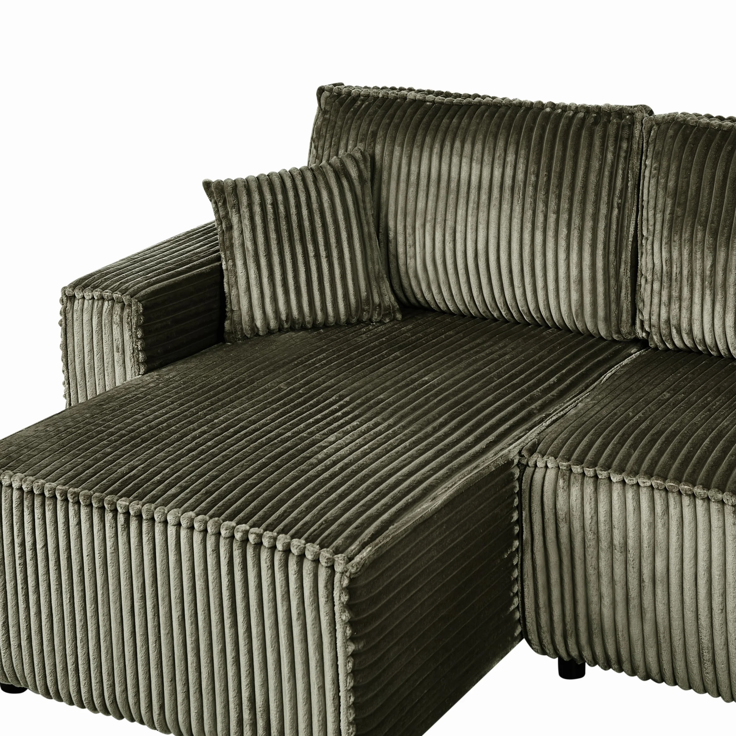 Sofa narożna prawostronna narożnik rozkładany z funkcją spania sztruksowa z poduchami kanapa przyjazna zwierzętom zielona Abacka