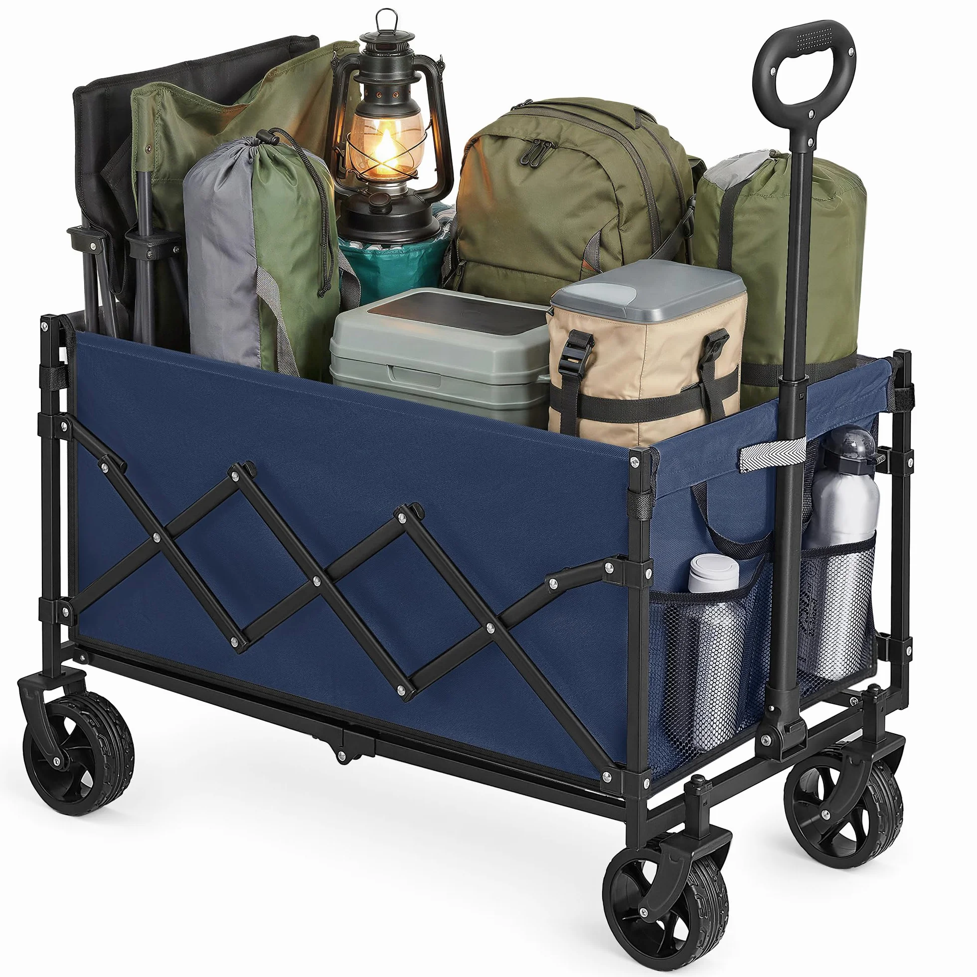SONGMICS Kleiner Handwagen faltbar, Gartenwagen, kompakt, mit Griff, mit 4 Verstärkten Rollen, davon 2 Universalräder, bis 120 kg belastbar, Outdoor, Garten, 150 L, mitternachtsblau GFW150QE01