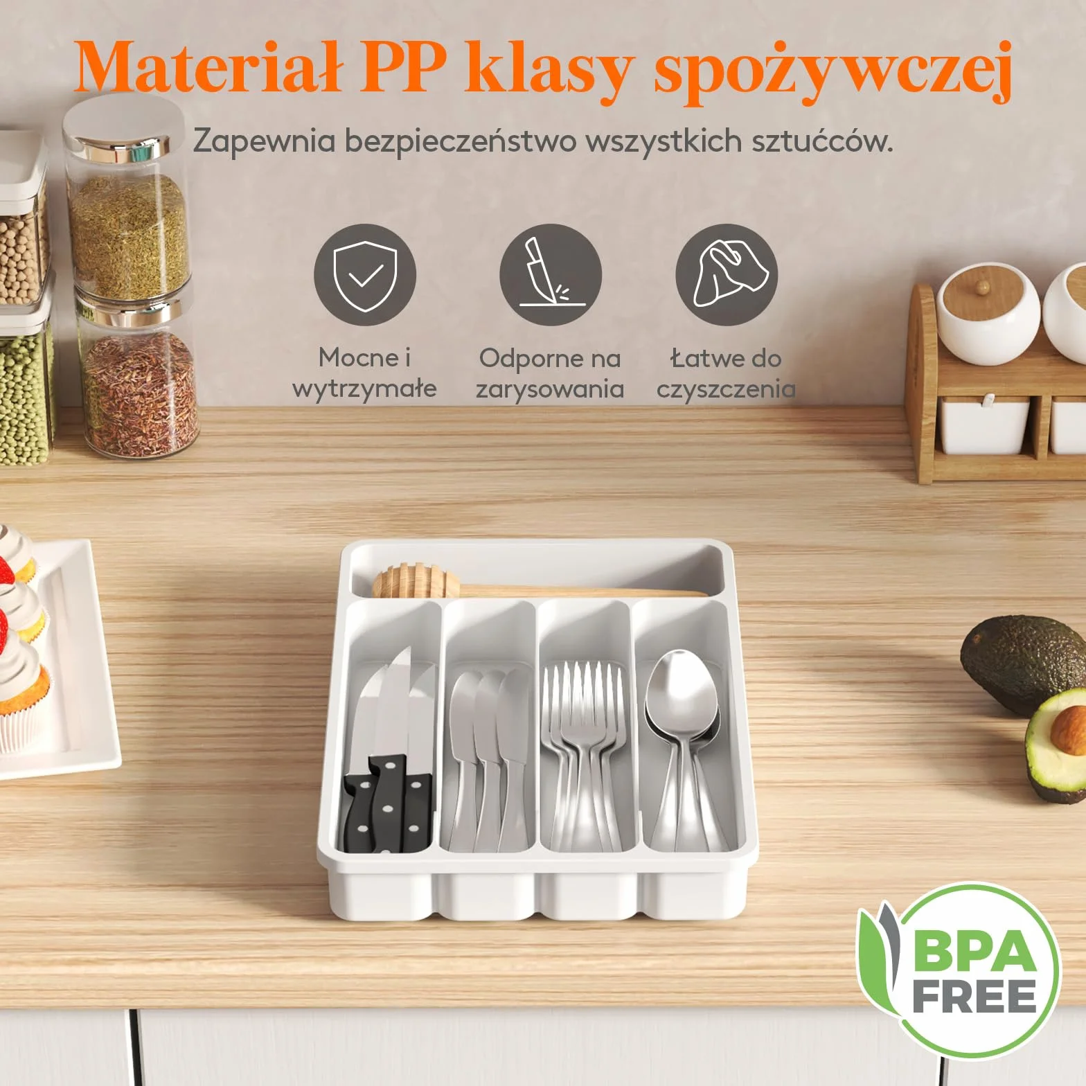 Organizer do szuflady na sztućce Lifewit, Plastikowa taca na sztućce do szuflady kuchennej, Uchwyt, Przegródka na Łyżki, Widelce, Noże, Zastawa stołowa, 5 przegródek, Biały