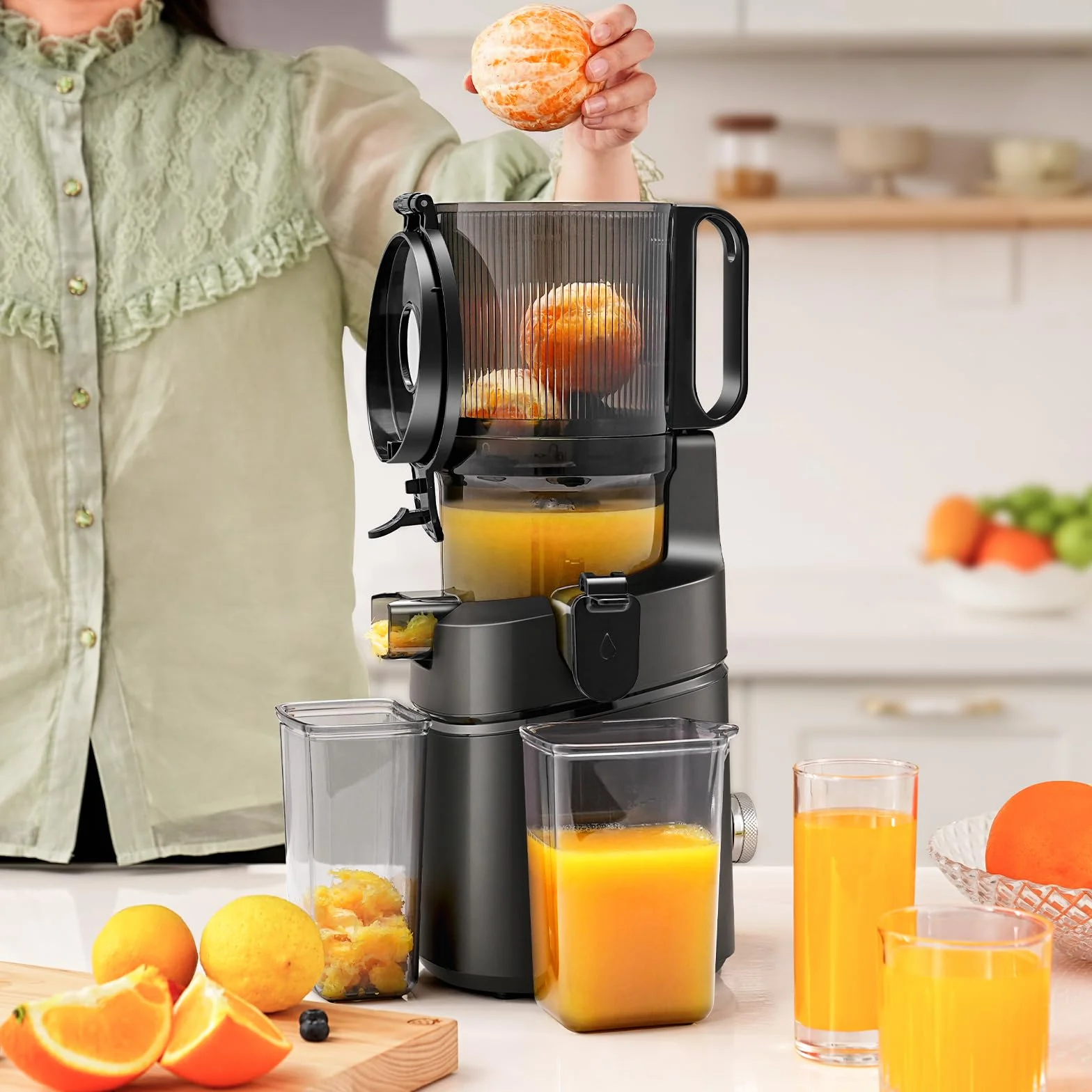 AMZCHEF 250 W automatyczna sokowirówka All-In-One, otwór 135 mm i 1,8 l sokowirówka do warzyw i owoców, zwycięzca testu z potrójnym filtrem, czarna