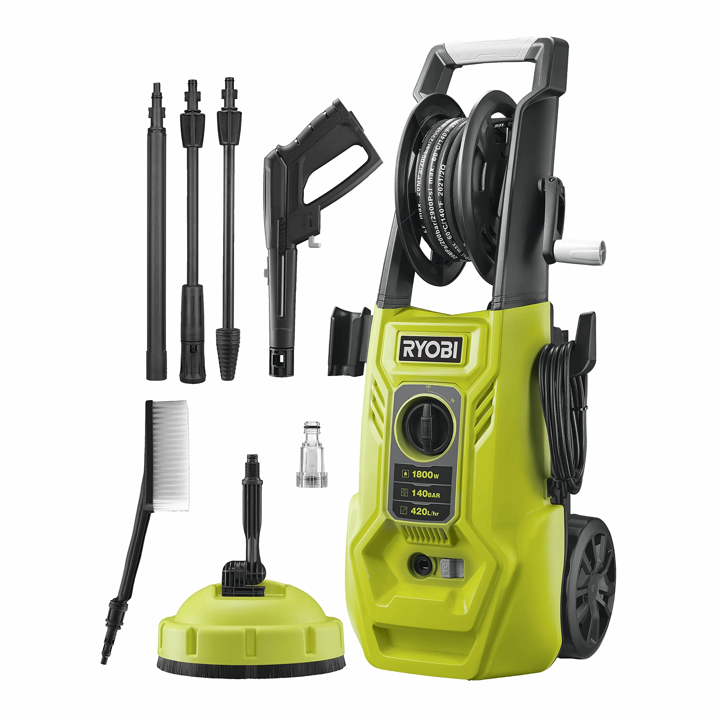 Ryobi Myjka Ciśnieniowa, RY140PWA, Moc Silnika 1800 W, maks. Ciśnienie 140 Bar, Przepływ 420 l/h, Wąż 6 m, Szybkozłącze, Lanca Vario, Lanca Turbo, Szczotka Uniwersalna