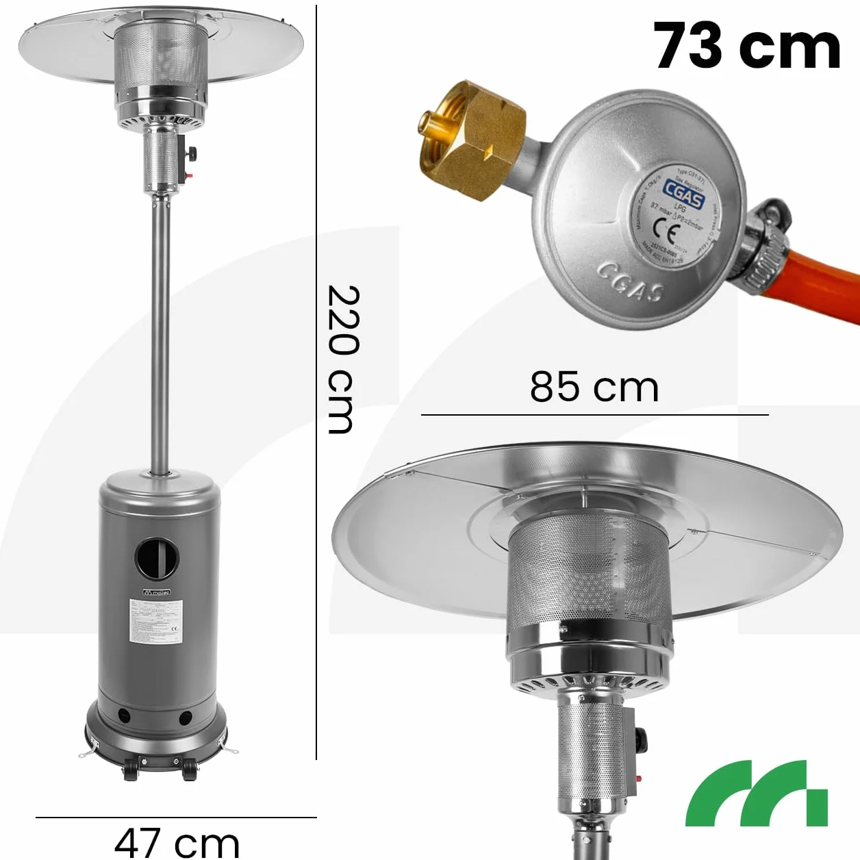 MalTec Grzejnik gazowy parasol 13 kW taras ZONE GH155 wysokość 220 cm osłona wąż stalowy