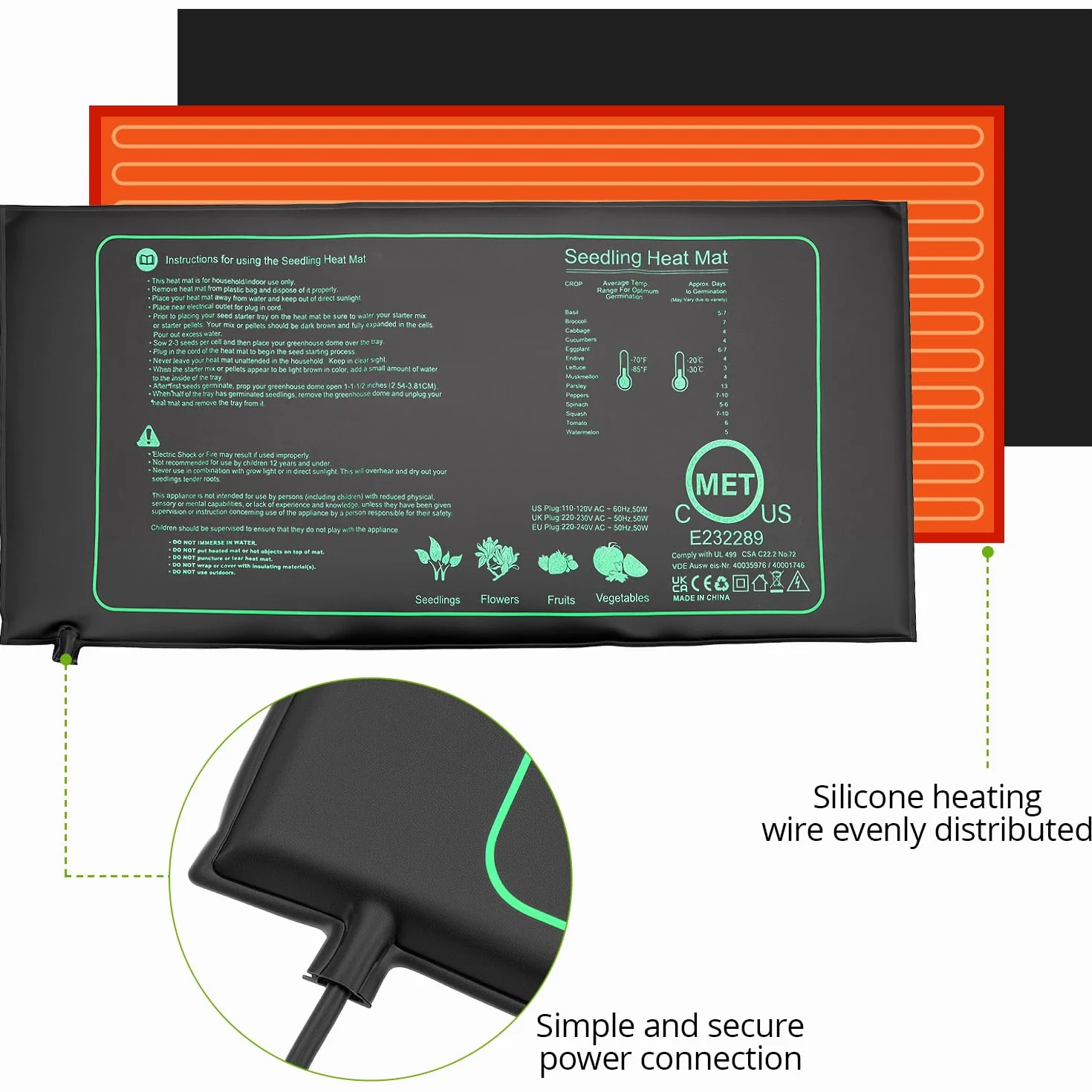 QWORK® mata grzewcza z termostatem, mata grzewcza do roślin, 50 W, 20 ℃ ~ 45 ℃, mata grzewcza, do szklarni wewnętrznej, tarasu, akwarium, gad