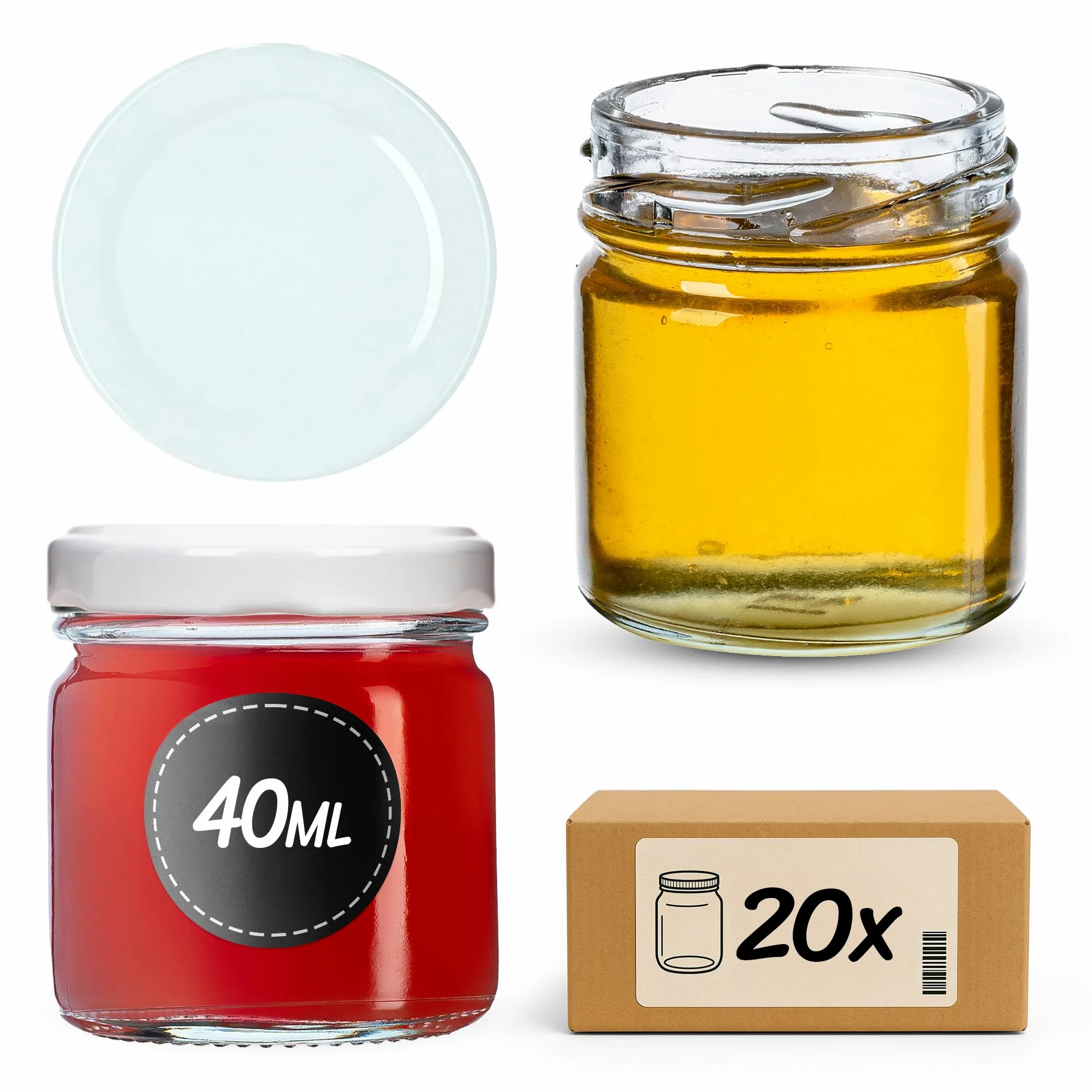 KADAX Zestaw 20 szt. mini słoiczków szklanych 40 ml z białą zakrętką fi 43 mm do przypraw, próbek, dżemu, miodu i przetworów