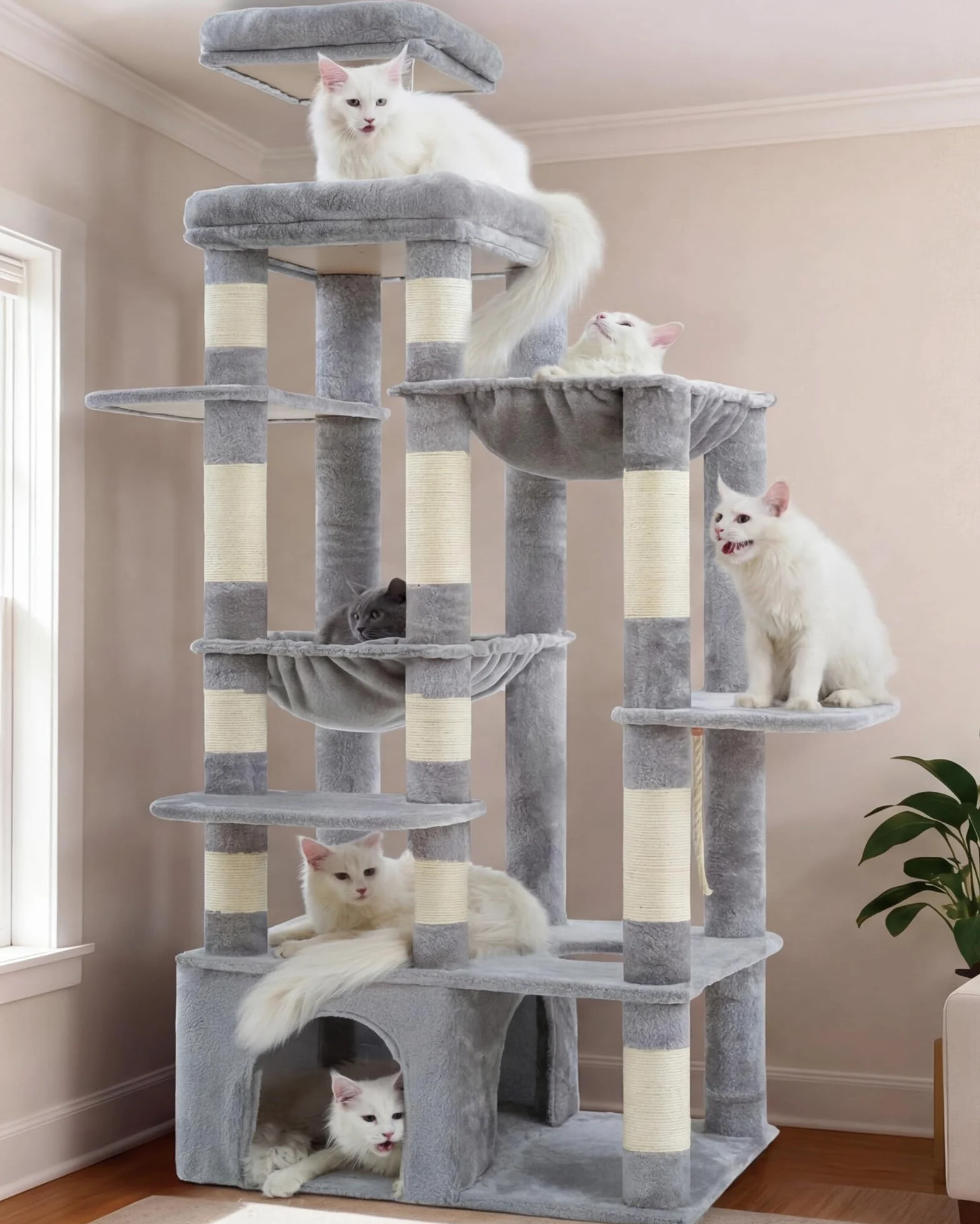 Heybly Wieża Dla Kota Z Bardzo Dużą Listwą Przypodłogową, Maine Coon, Wielopoziomowe Meble Dla Kotów, 2 Hamaki, 12 Drapaków, Jasnoszara
