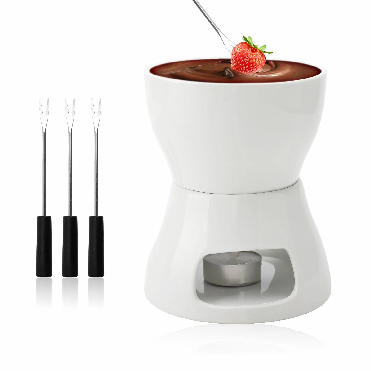 DAWRIS Ceramiczny zestaw do fondue czekoladowego Fondue czekolada Czekoladowe fondue, Miska ceramiczna z uchwytem na świeczkę i 4 widelcami, Czekoladowy zestaw do fondue do czekolady sera fondue