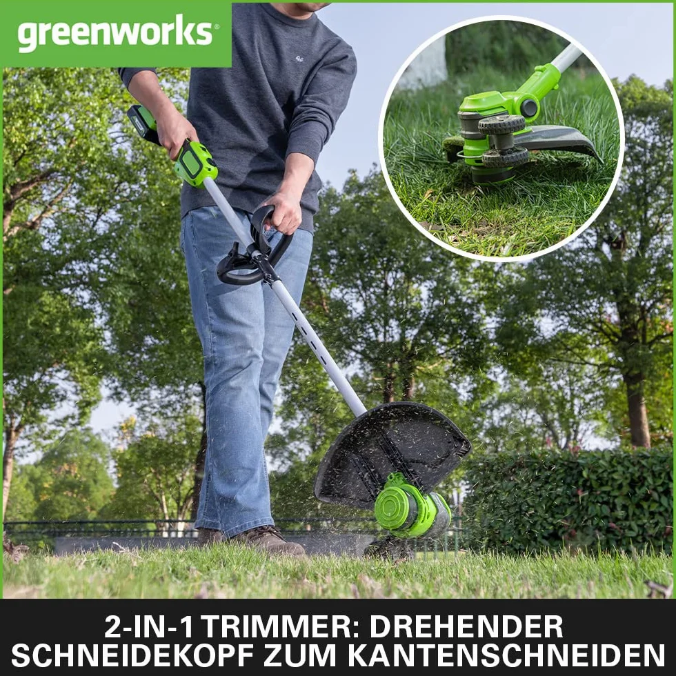 Greenworks GD24LT33K4 Akumulatorowa Podkaszarka Krawędziarka z Kołem do Małych i Średnich Ogrodów, Szerokość Cięcia 33 cm, Automatyczny Wysuw Żyłki Nylonowej 2 mm, Baterii 24V 4Ah i Ładowarki