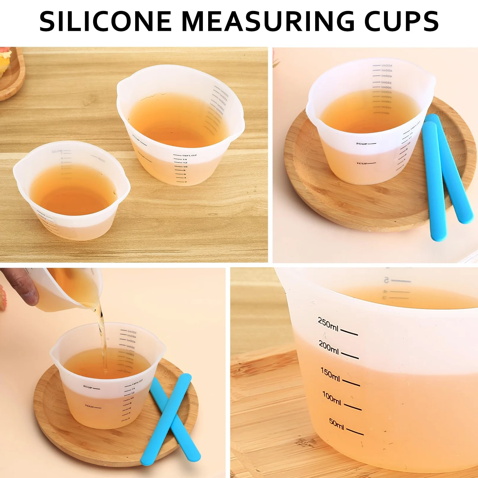 7 silikonowych kubków miarowych do wylewania, 100 ml 250 ml 500 ml, zestaw kubków silikonowych do żywicy epoksydowej, DIY, laboratorium, kuchni, w tym 3 miarki i akcesoria