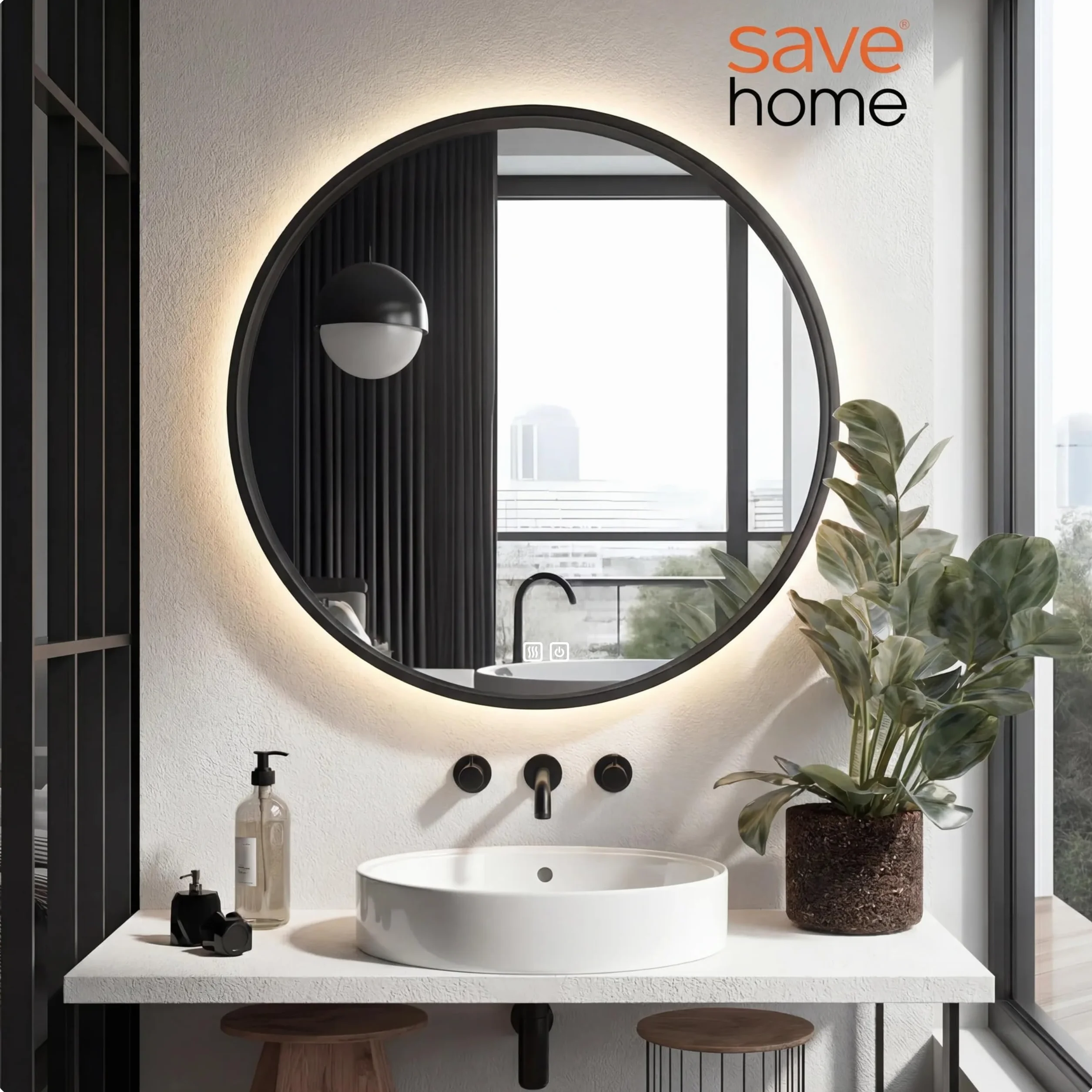Lustro ścienne łazienkowe okrągłe 60 cm LED Podświetlane z RAMĄ LOFT ANTI-FOG 3 barwy światła Lustro z Regulacją Barwy i Jasności - Pamieć ustawień - IP44 – duże nowoczesne do Łazienki Toaletki Salonu