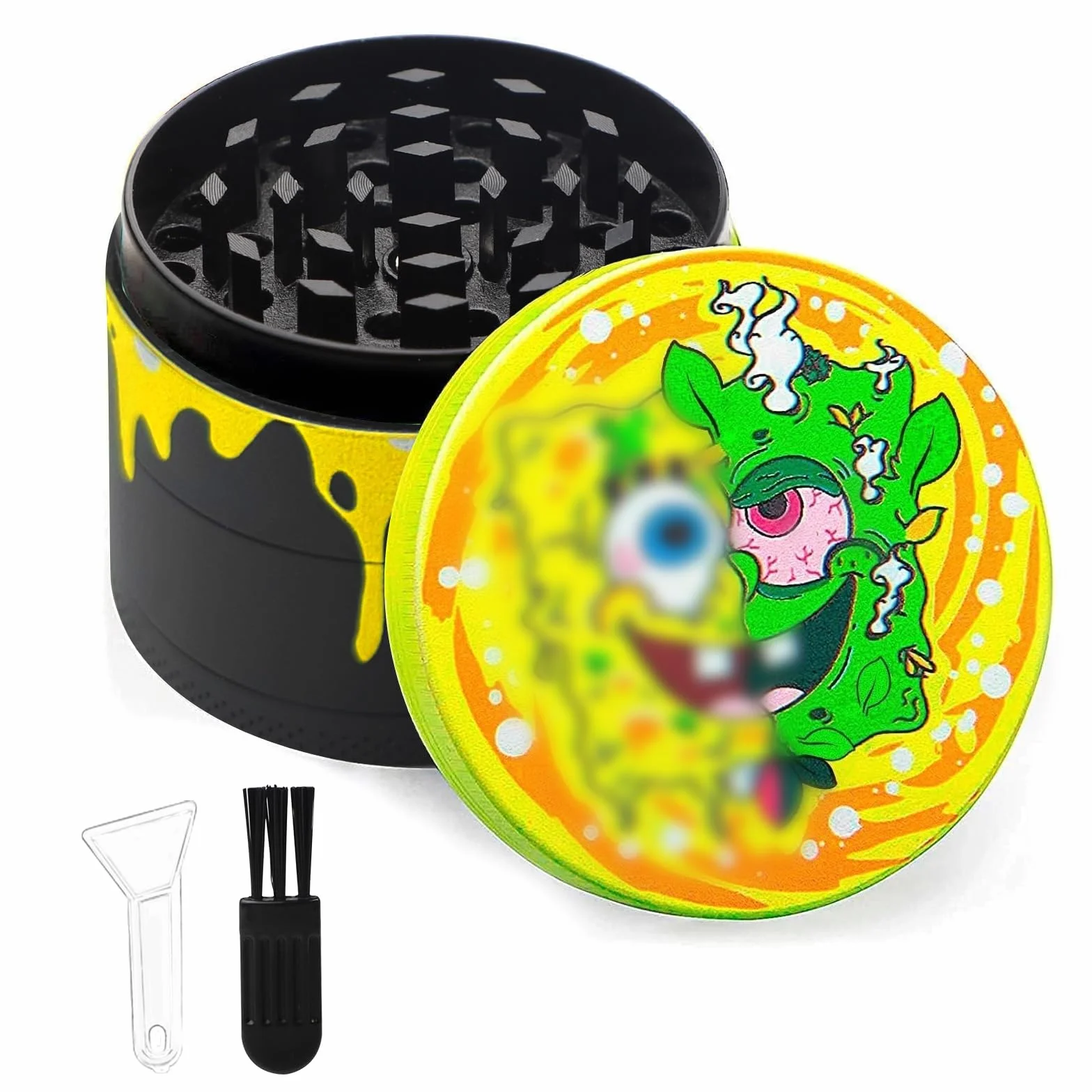 Grinder Crusher 24 zęby, młynek do ziół z metalu, stop cynku, mechanizm mielący ze skrobakiem i plastikową szczotką do przypraw, pyłków do trawy, 4-częściowy zestaw do przypraw