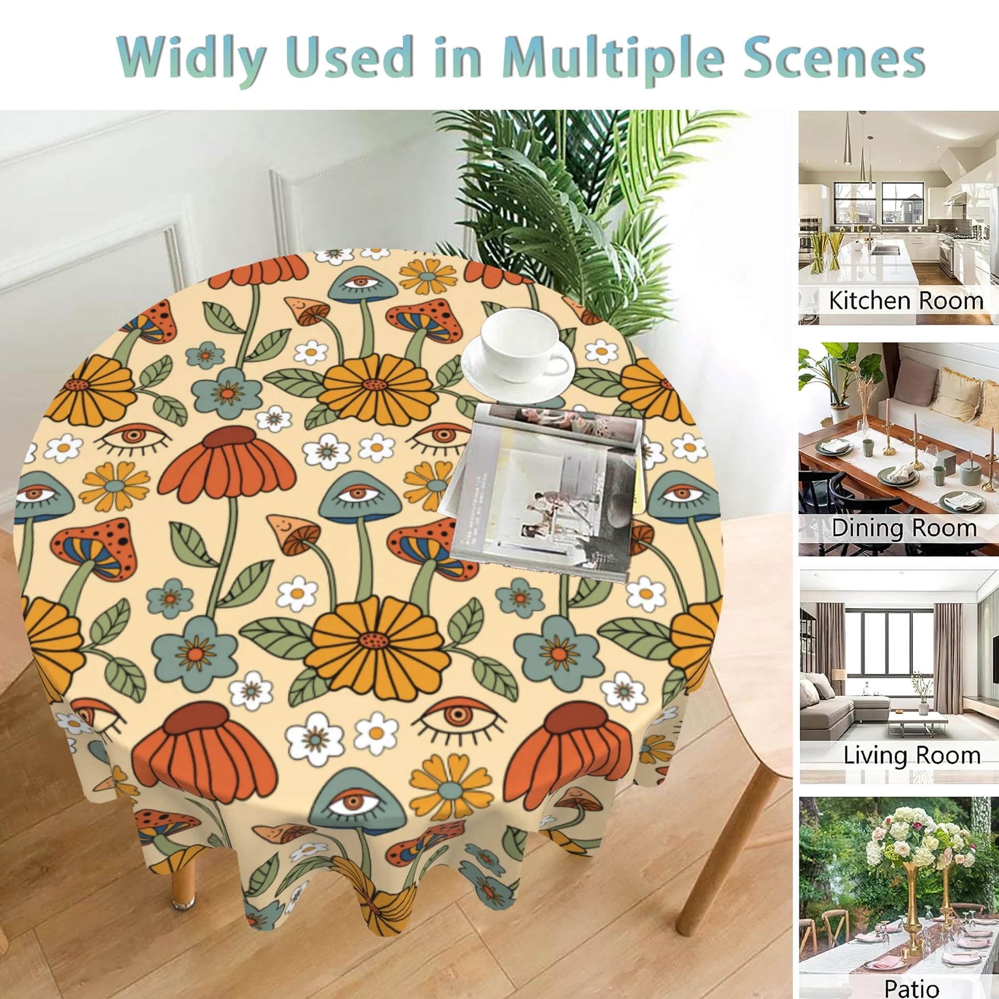 Okrągły obrus w stylu retro boho 152 cm, urocze grzyby, kwiatowy obrus, wodoodporny, odporny na plamy i zagniecenia, okrągły obrus na stół do kuchni, jadalni, na piknik, kemping, do wewnątrz,