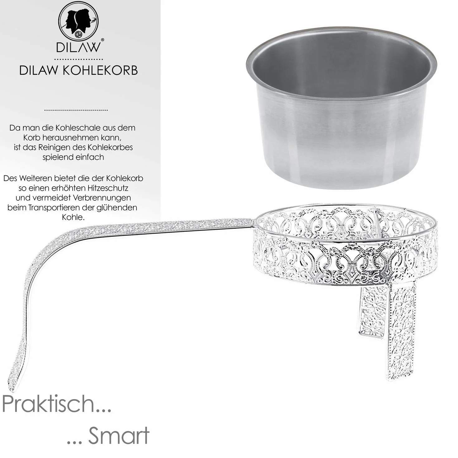 DILAW® Koszyk na węgielki do shishy, Oriental płaski pojemnik na węgielki do shishy, grill i węgiel, kosz na węgiel drzewny, z uchwytem zabezpieczającym, akcesoria Hookah, kolor: srebrny
