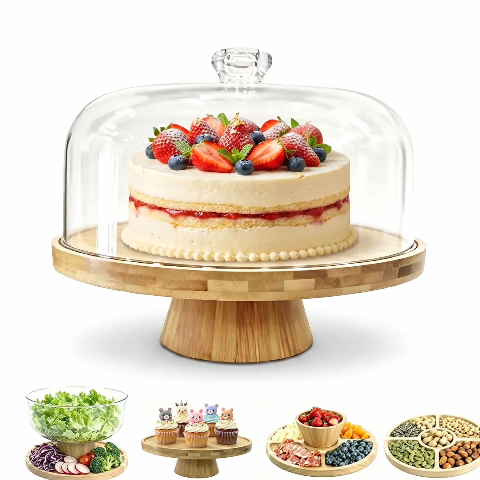 Patera na tort z pokrywką, drewniana patera na tort z pokrywką i nóżką, obracana patera do ciasta, patera na tort, do dekoracji ciast