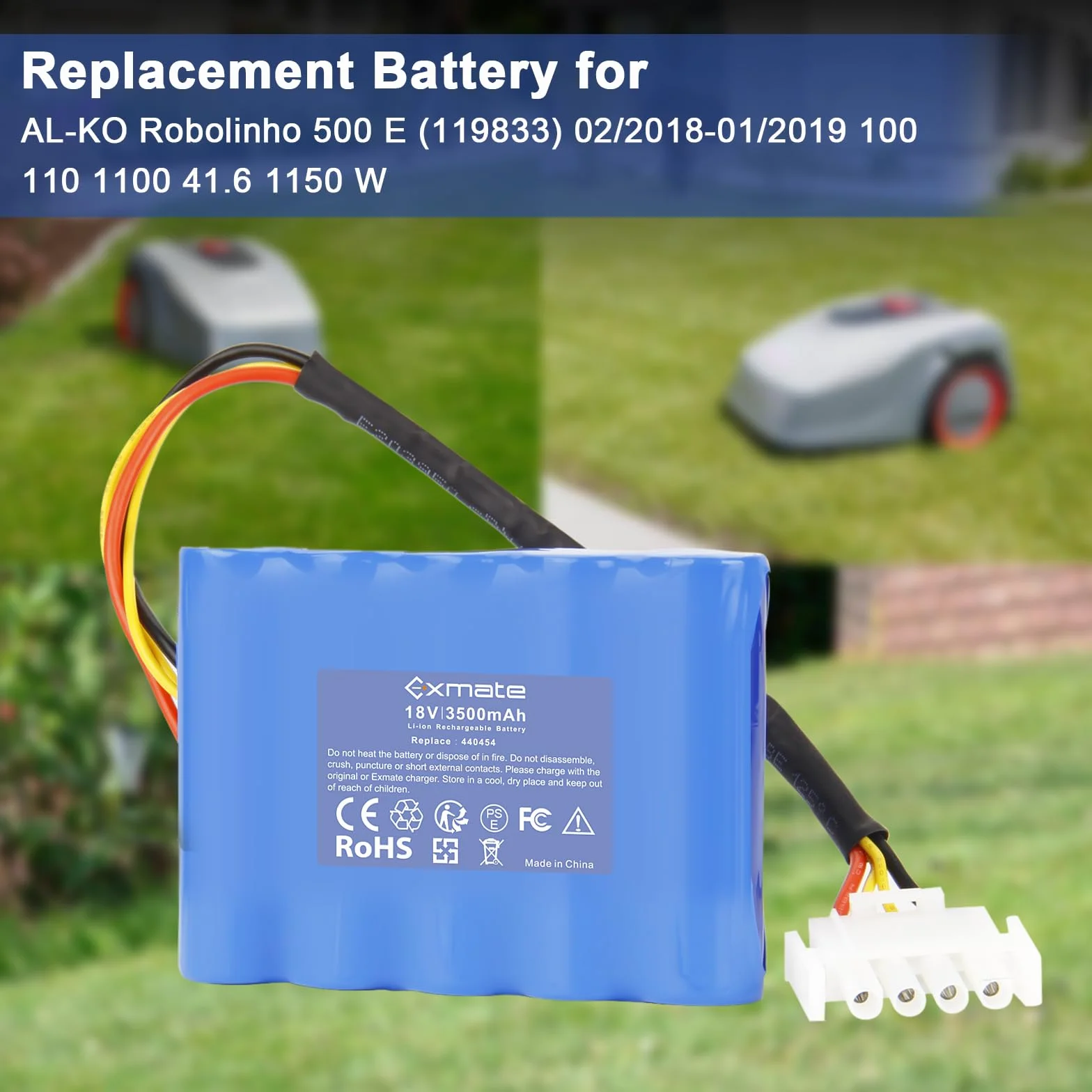Exmate Akumulator litowo-jonowy 18 V, 3500 mAh, kompatybilny z AL-KO Robolinho 500 E (119833) 02/2018-01/2019 100 110 1100 41.6 1150 W AL-KO 440454 441154 4421154 75 44 Kosiarka 2196