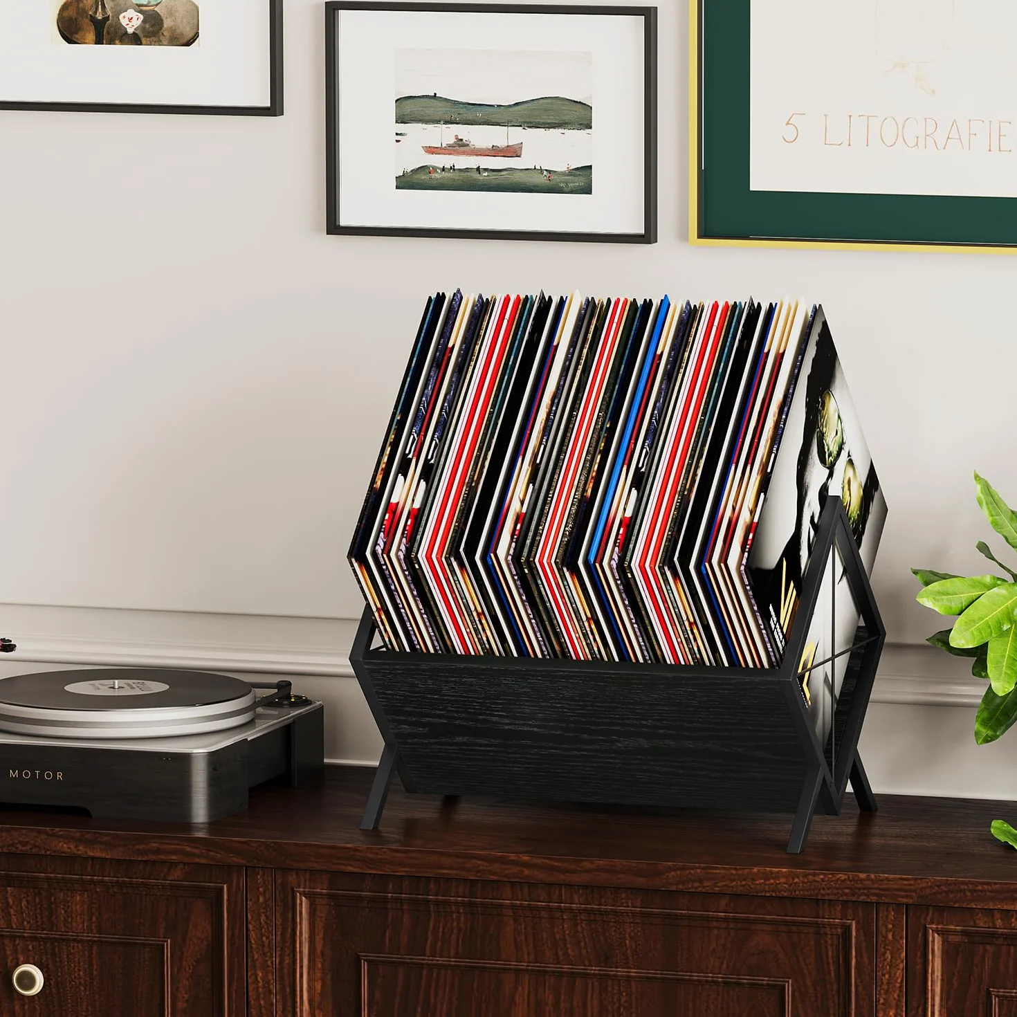 Uchwyt na płyty winylowe, stojak do przechowywania 80-100 LP, wyświetlacz szybkiego montażu, organizer w stylu retro, na czasopisma, książki, dokumenty, albumy (czarny, 1 poziom)