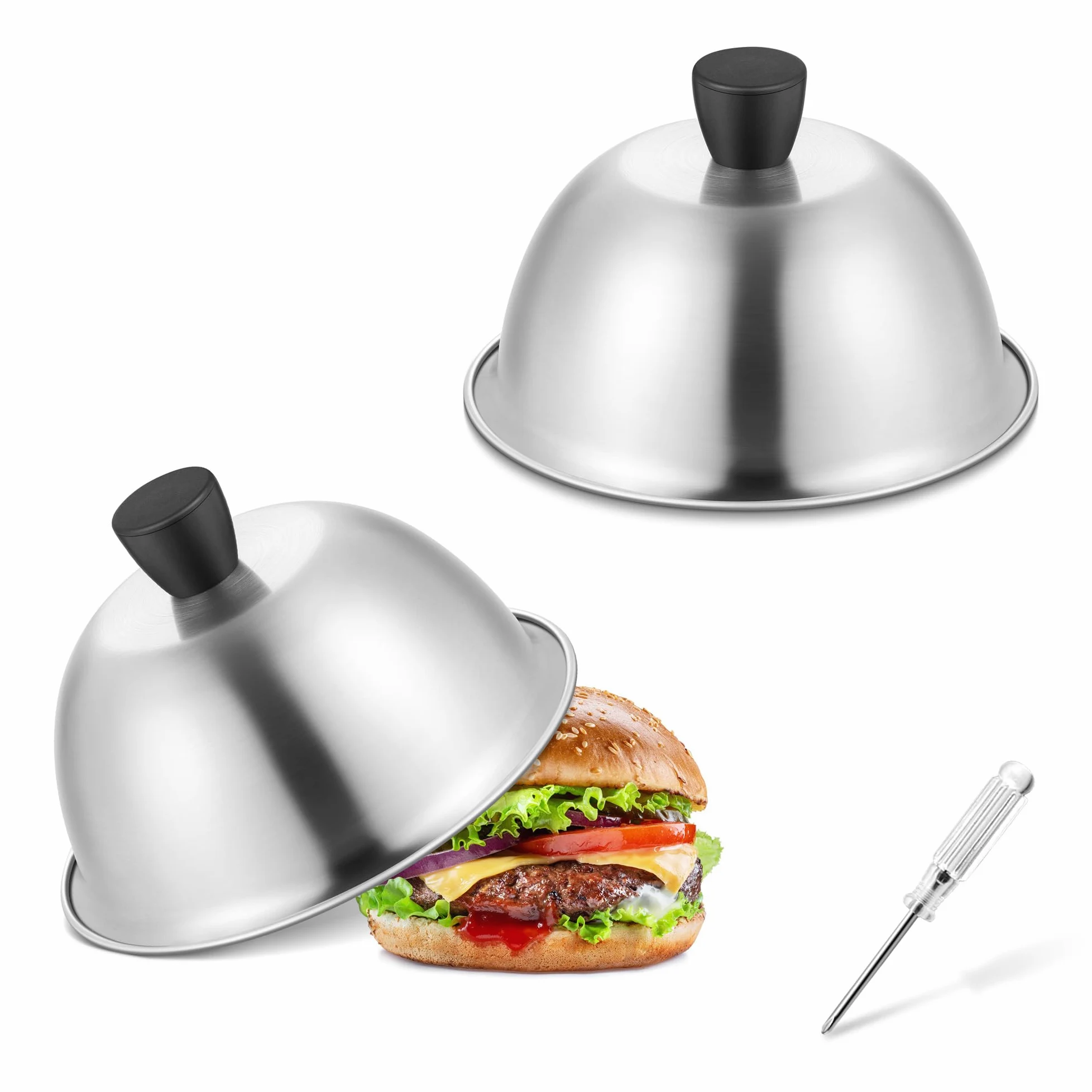 Joyfair Dzwonek do burgerów, 2 sztuki, ze stali nierdzewnej, mały dzwonek do burgerów, pokrywy do burgerów ze śrubokrętem, ciężka pokrywa do topienia do serów, burgerów, na zewnątrz i wewnątrz, można