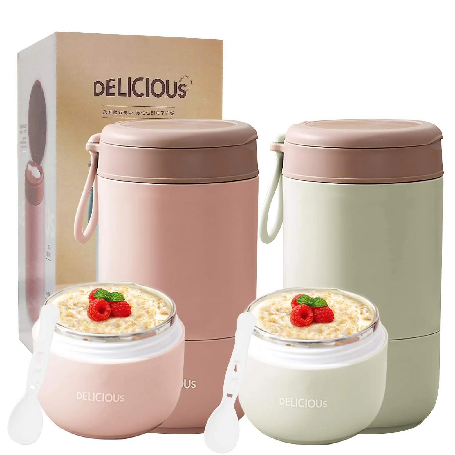 Chedin Kubek na musli To Go z pokrywką, kubek ze stali nierdzewnej, 730 ml, szczelny, z łyżką i pokrywką, dwuwarstwowe, szczelne, idealne do pracy (różowy + zielony)