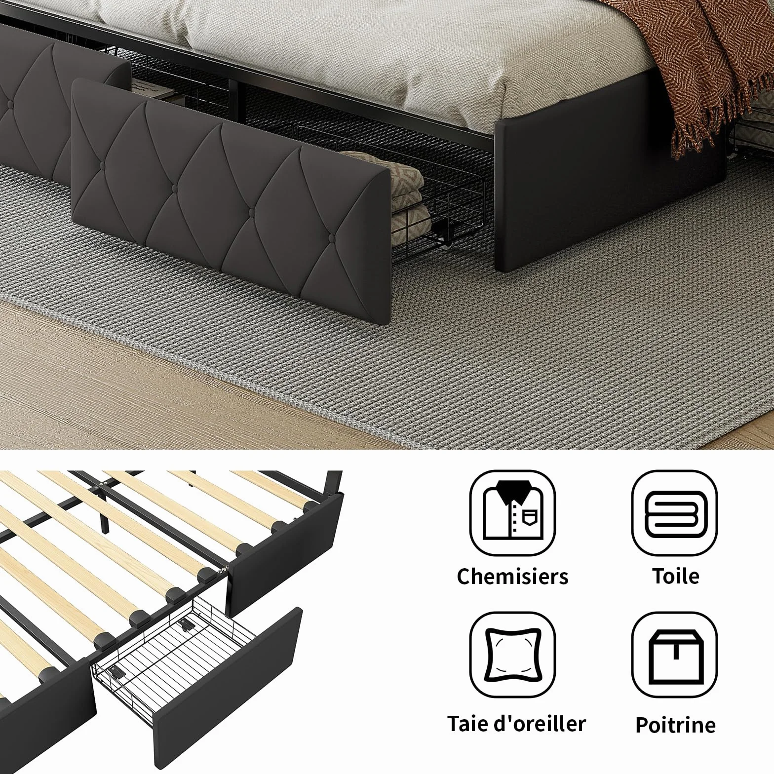 Łóżko tapicerowane, 160 x 200 cm z oświetleniem LED, podwójne łóżko z 4 przegródkami do przechowywania, rama łóżka podwójnego ze stelażem, łóżko podwójne, bez materaca, PU, szare