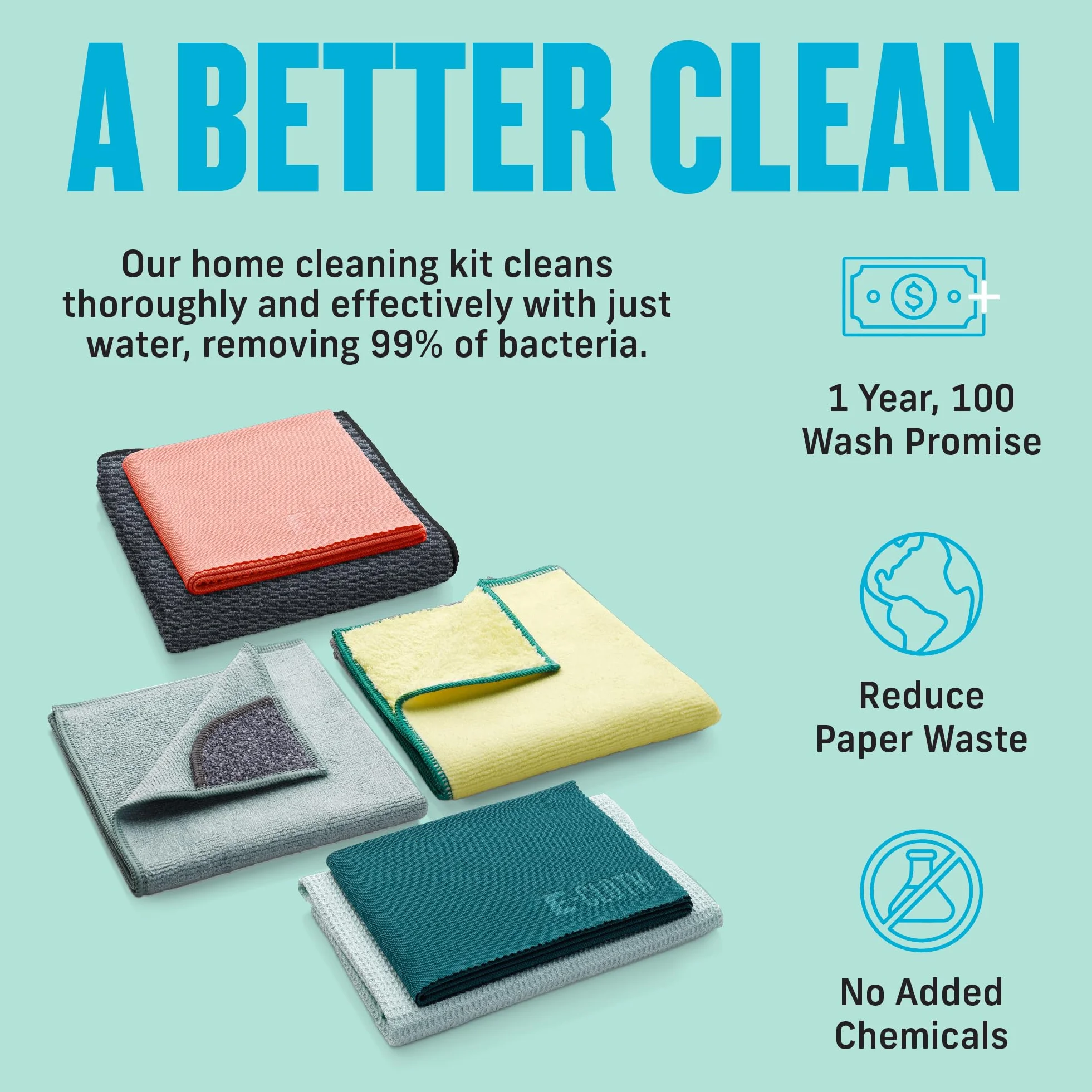E-Cloth 6-pc Home Cleaning Essentials, Contains Multiple Microfiber Cleaning Cloths for a Streak-Free Clean Glass, Window, Kitchen, Dust, Granite, and Marble, 100 Wash Promise