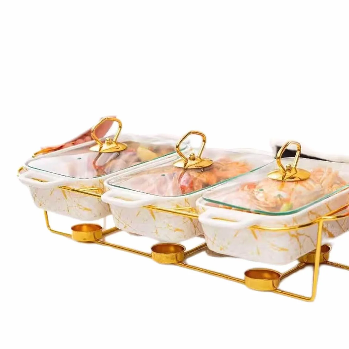 Zestaw serwerów bufetowych z naczyniami i szklanymi pokrywkami, eleganckie białe podgrzewacze do żywności na wesela, urodziny i imprezy gastronomiczne, 3 x 0,9 QT