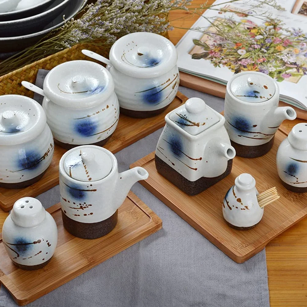 Zestaw Butelek Na Przyprawy Japoński Ceramiczny Słoik Na Chili Butelka Na Pieprz Zestaw Słoików Na Przyprawy Do Sushi Słoik Na Sól Garnek Na Słodko-Kwaśny Sos,A-S