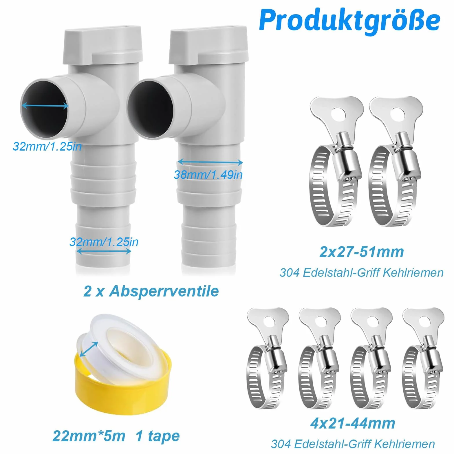 Zawór odcinający do basenów, zestaw 2 sztuk, 32 mm, z 6 obejmami do węża, zawór odcinający, przyłącze węża (kompatybilne 32 mm/38 mm), akcesoria konserwacyjne do pompy basenowej i basenów