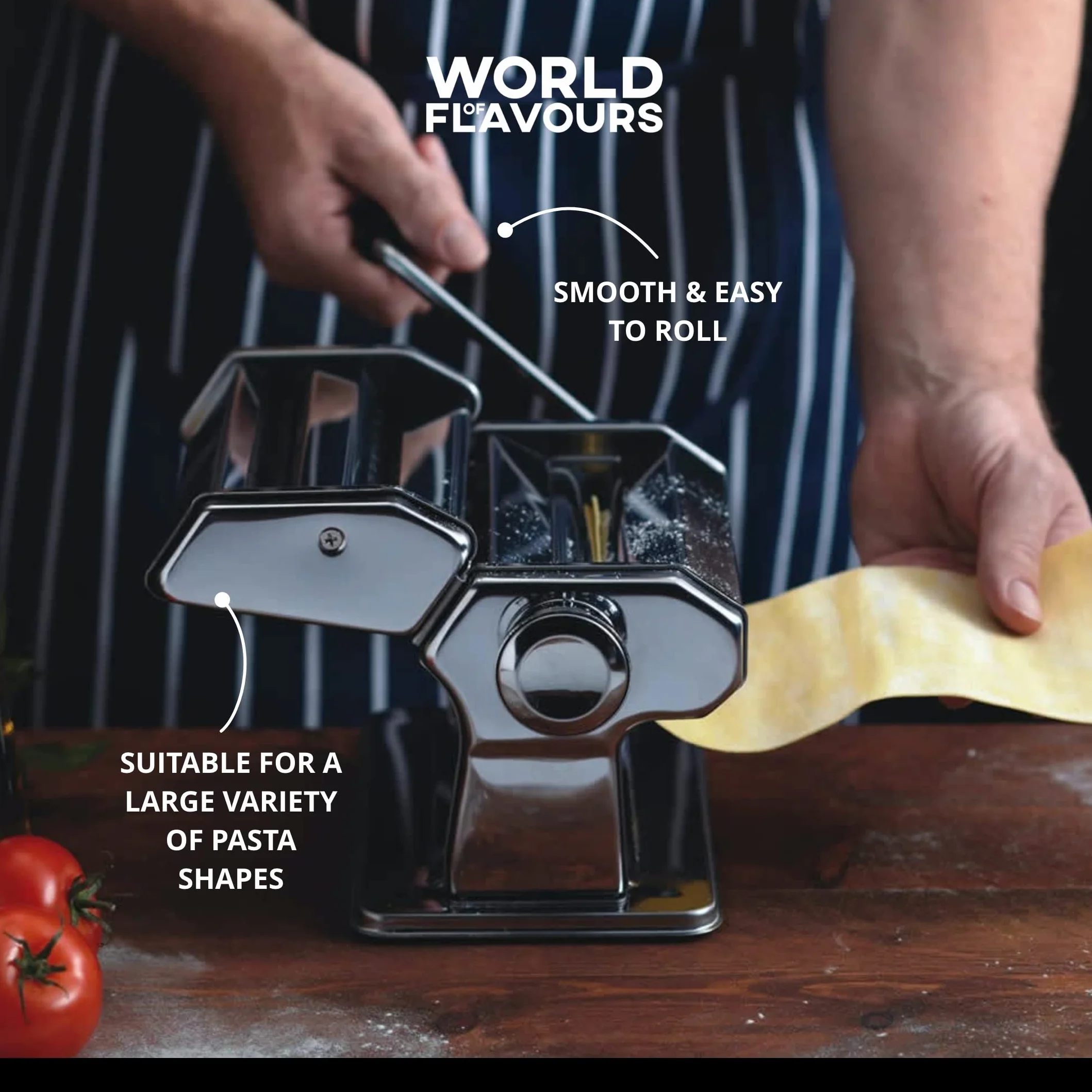 KitchenCraft World of Flavours maszynka do makaronu, ręczna maszyna do makaronu z 9 regulowanymi grubościami, włoska podwójna krajalnica Deluxe, stal nierdzewna