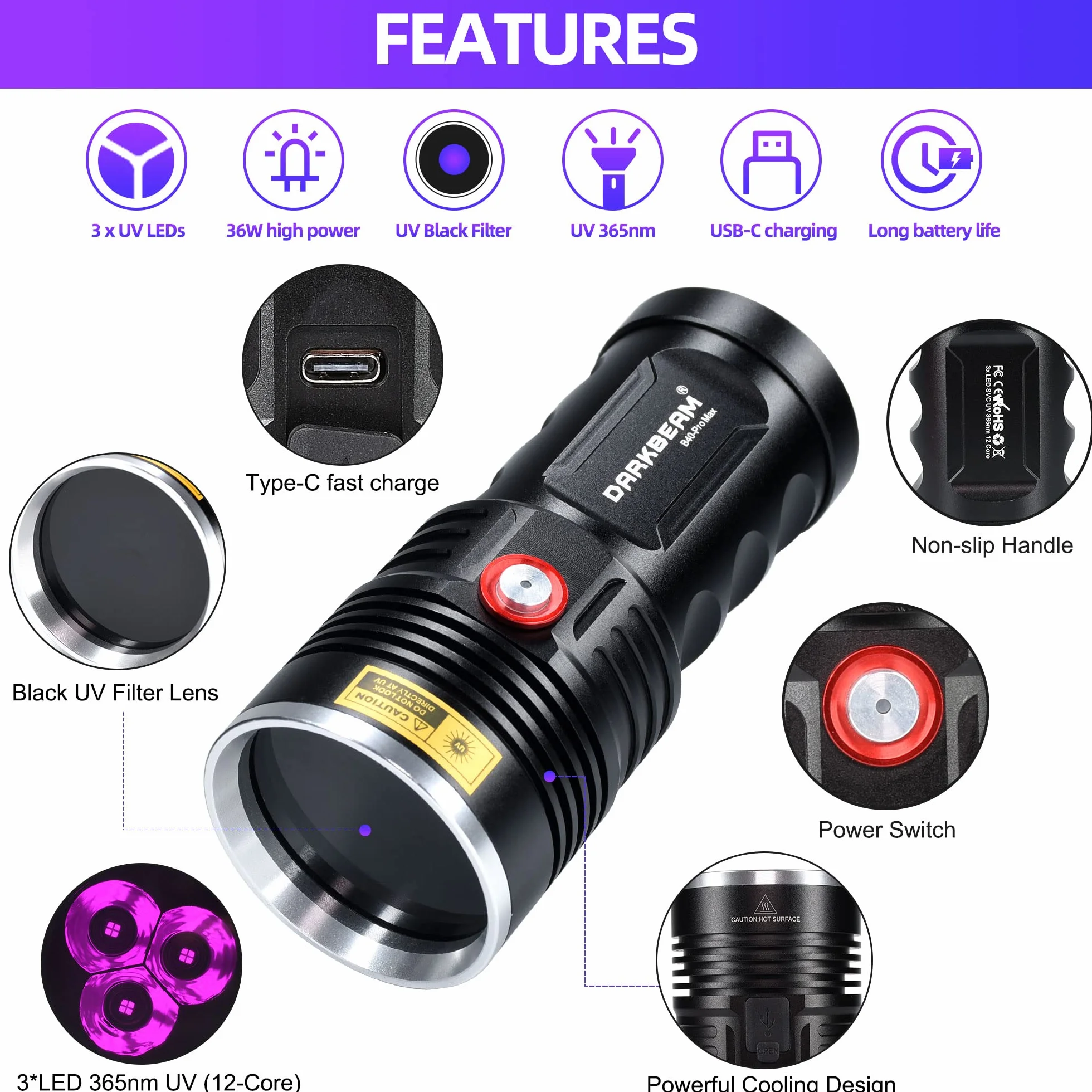 Latarka UV 365 nm 36 W DARKBEAM 3 diody LED przenośna ładowalna