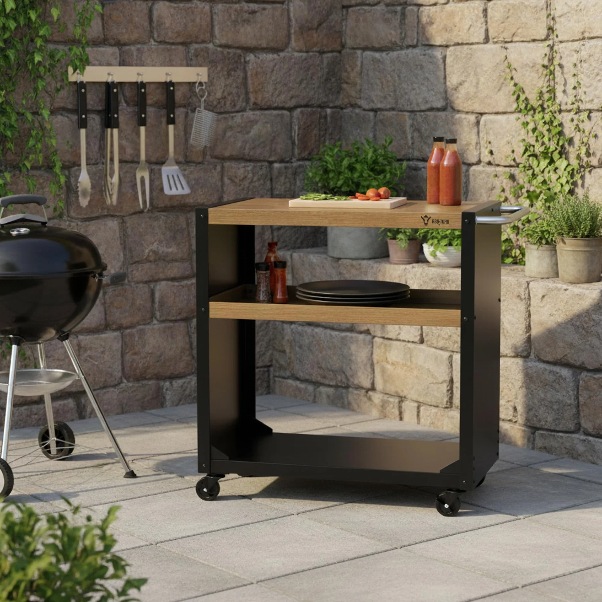 BBQ-Toro Grill na kółkach 95 x 50 x 90 cm, czarny, o wyglądzie drewna, stół do grillowania z dużą powierzchnią roboczą, stolik pomocniczy, grill outdoorowy, wózek do serwowania