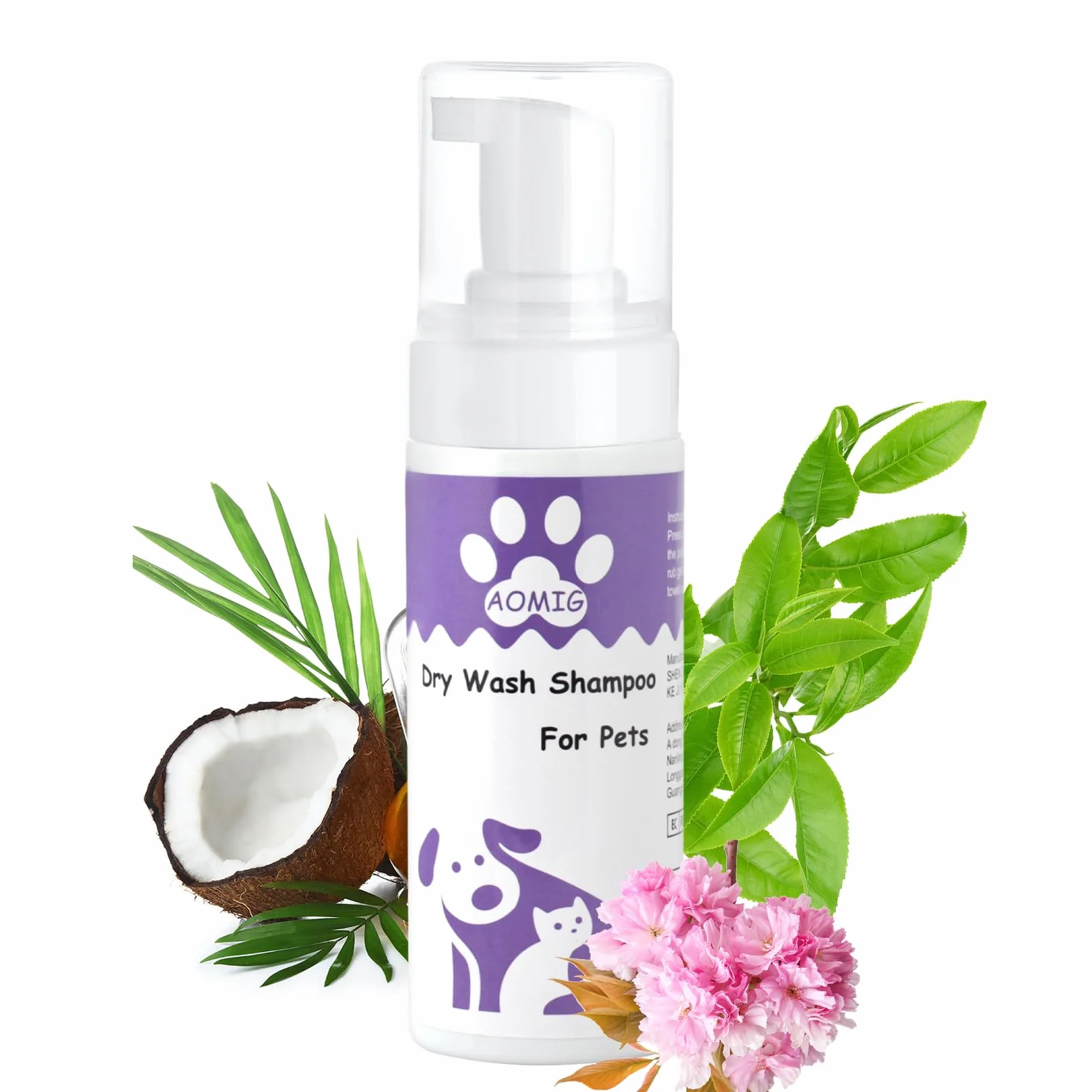Aomig Suchy szampon dla kotów i psów, 150 ml, bez spłukiwania, głębokie czyszczenie włosów, chłodzenie, 100% naturalny, na łupież, tłuszcz, zapach