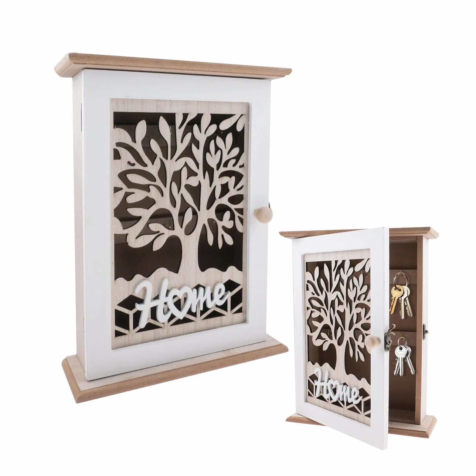Drewniana skrzynka na klucze w stylu vintage, z 6 haczykami, drewniana, pusta skrzynka na klucze, biżuterię, małe przedmioty, biała, 22 x 7 x 28,5 cm