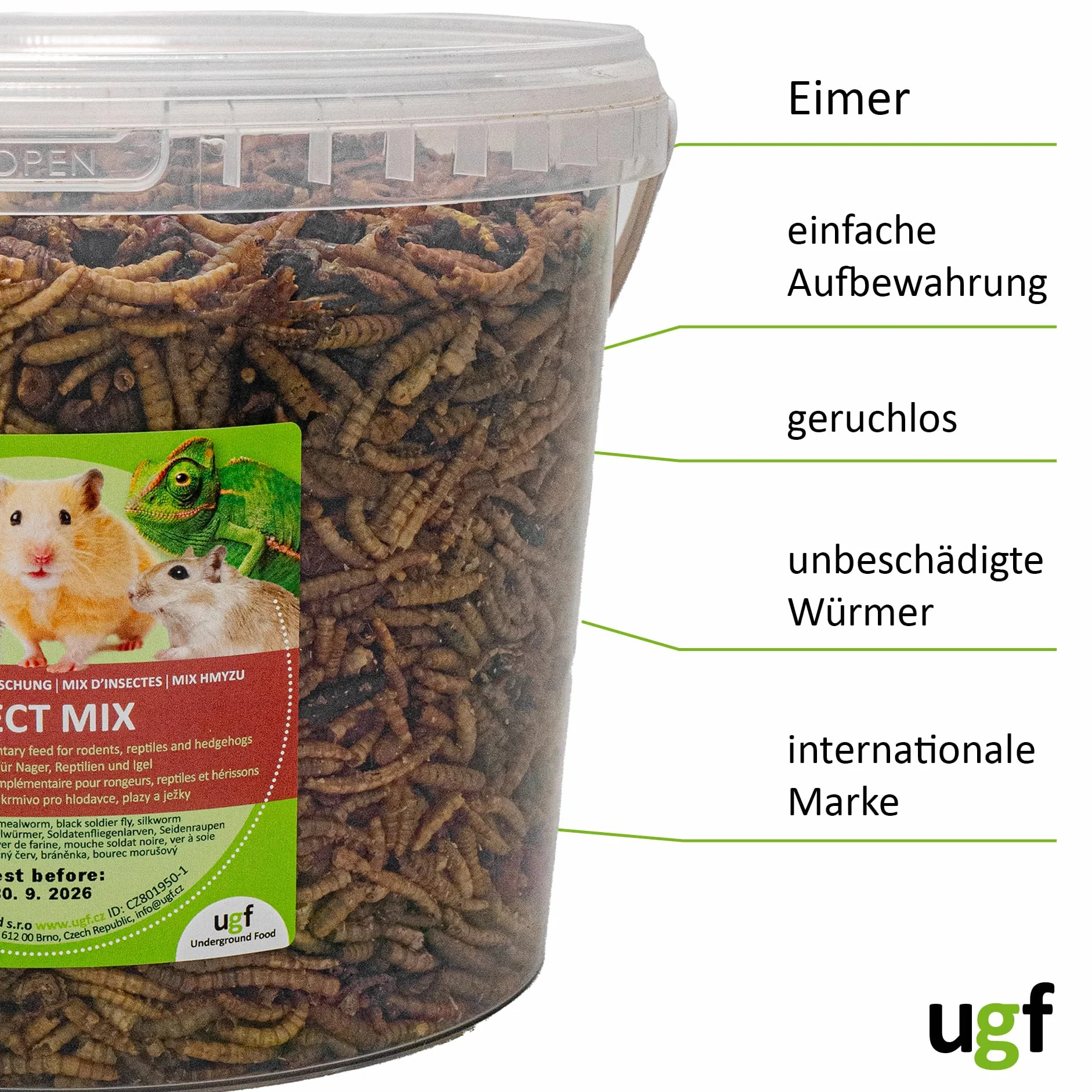 UGF - Mieszanka owadów - 500 g w wiadrze 3-litrowym, pokarm dla jeży, pokarm dla myszoskoczków, chomików, szczurów, jaszczurek - mączniki, larwy muchy żołnierskiej, jedwabniki