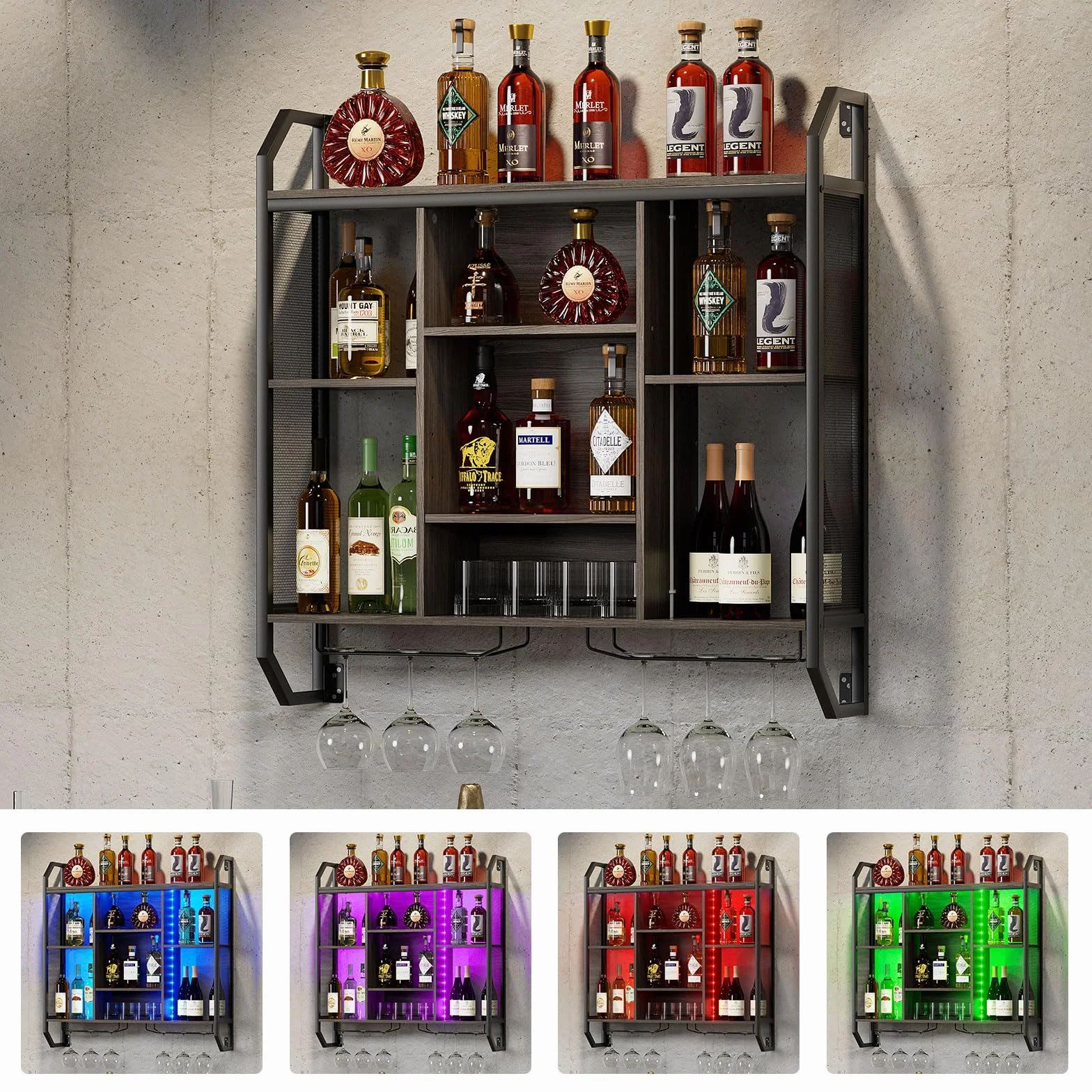 Regał ścienny na wino z oświetleniem LED, 90 x 90 cm, regał na wino do montażu na ścianie, wykonany z żelaza i płyty MDF, regał ścienny z uchwytem na szkło, regał ścienny z regulowaną półką, do barów,