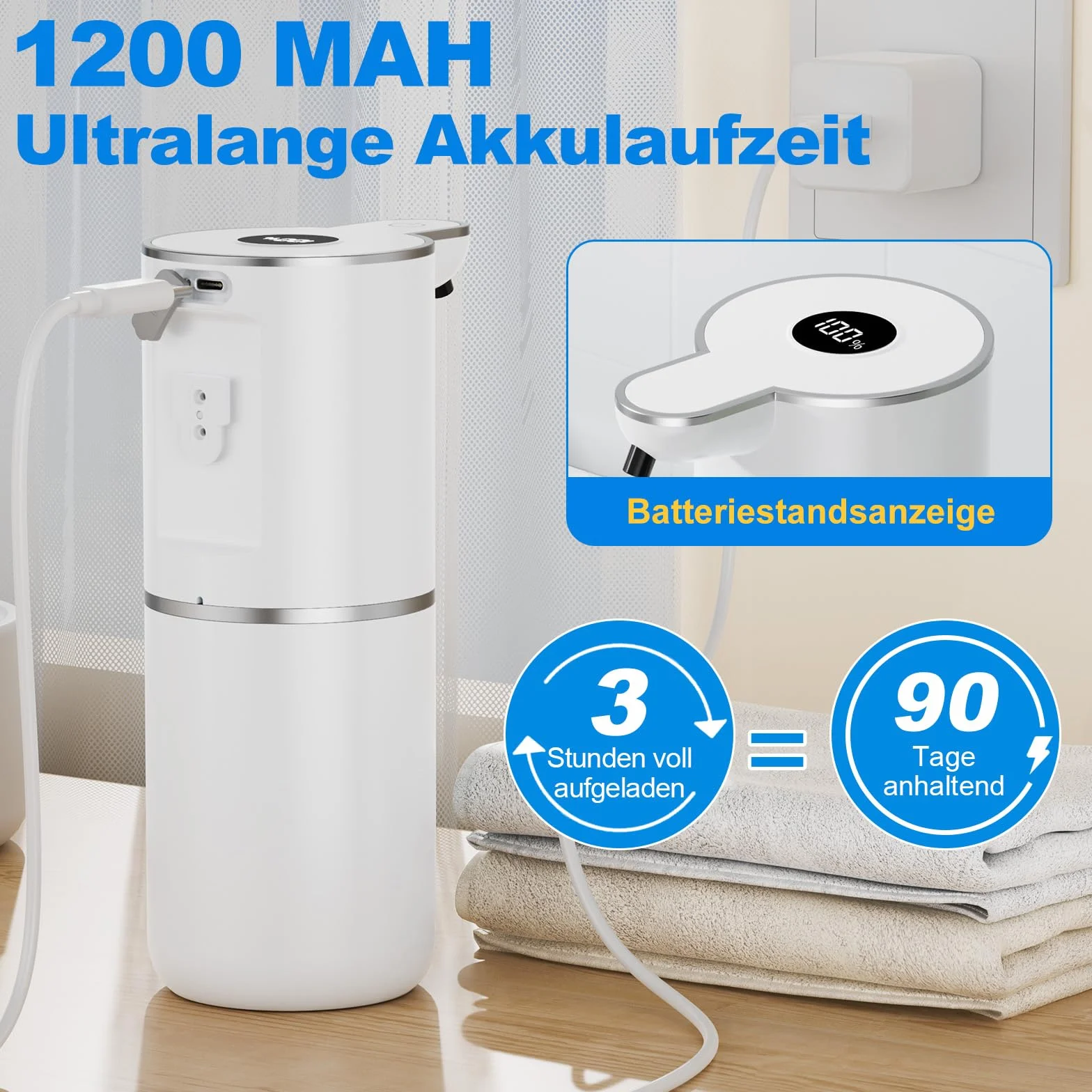 Fantictas Dozownik mydła automatyczny, elektryczny dozownik mydła z wyświetlaczem, ładowany przez USB, 6-stopniowa regulacja, 380 ml, montaż na ścianie, do łazienki/kuchni/płynu do mycia