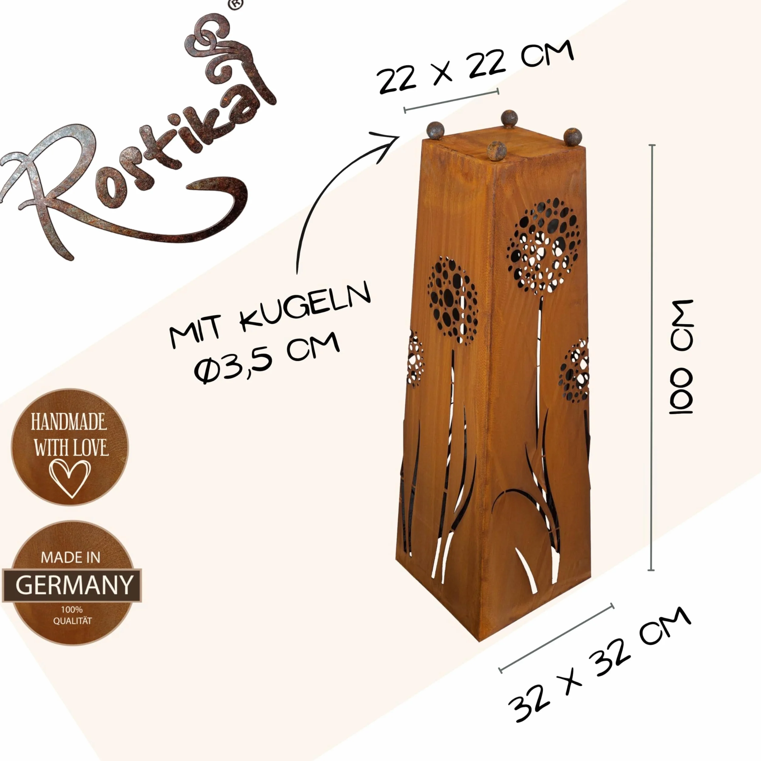 Rostikal | Pflanzsäule Pusteblumen | Gartensäule aus Metall | 1,15 m hoch | mit Schale eckig 50 x 50 cm